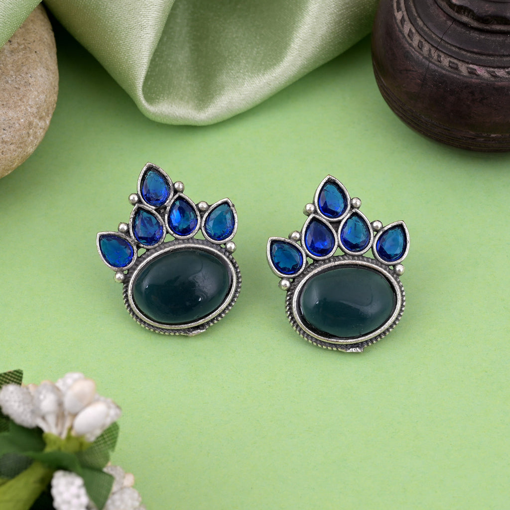 Traditional Blue Color Oxidised Earrings With Stunning Artistic Engraving Work
