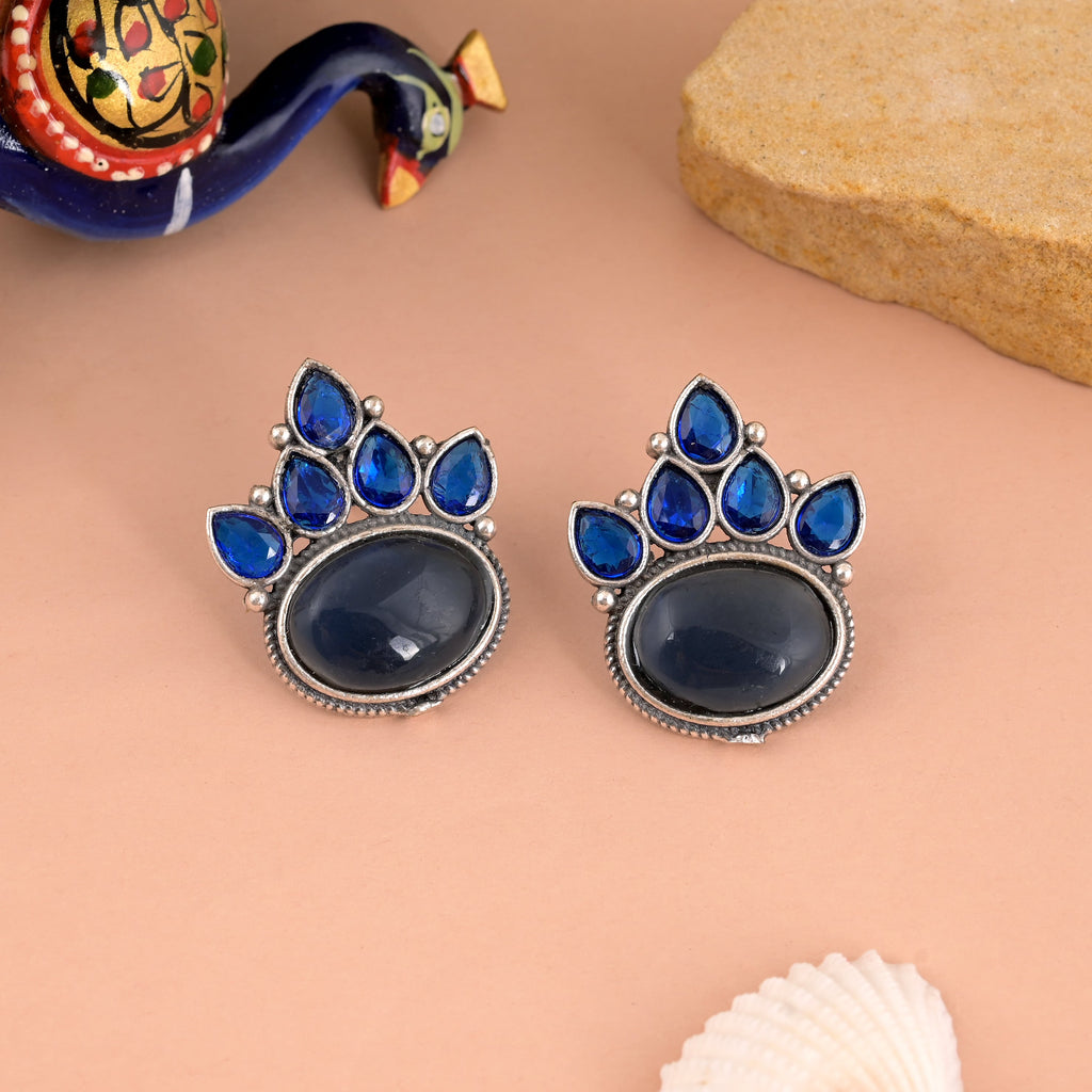 Traditional Blue Color Oxidised Earrings With Stunning Artistic Engraving Work