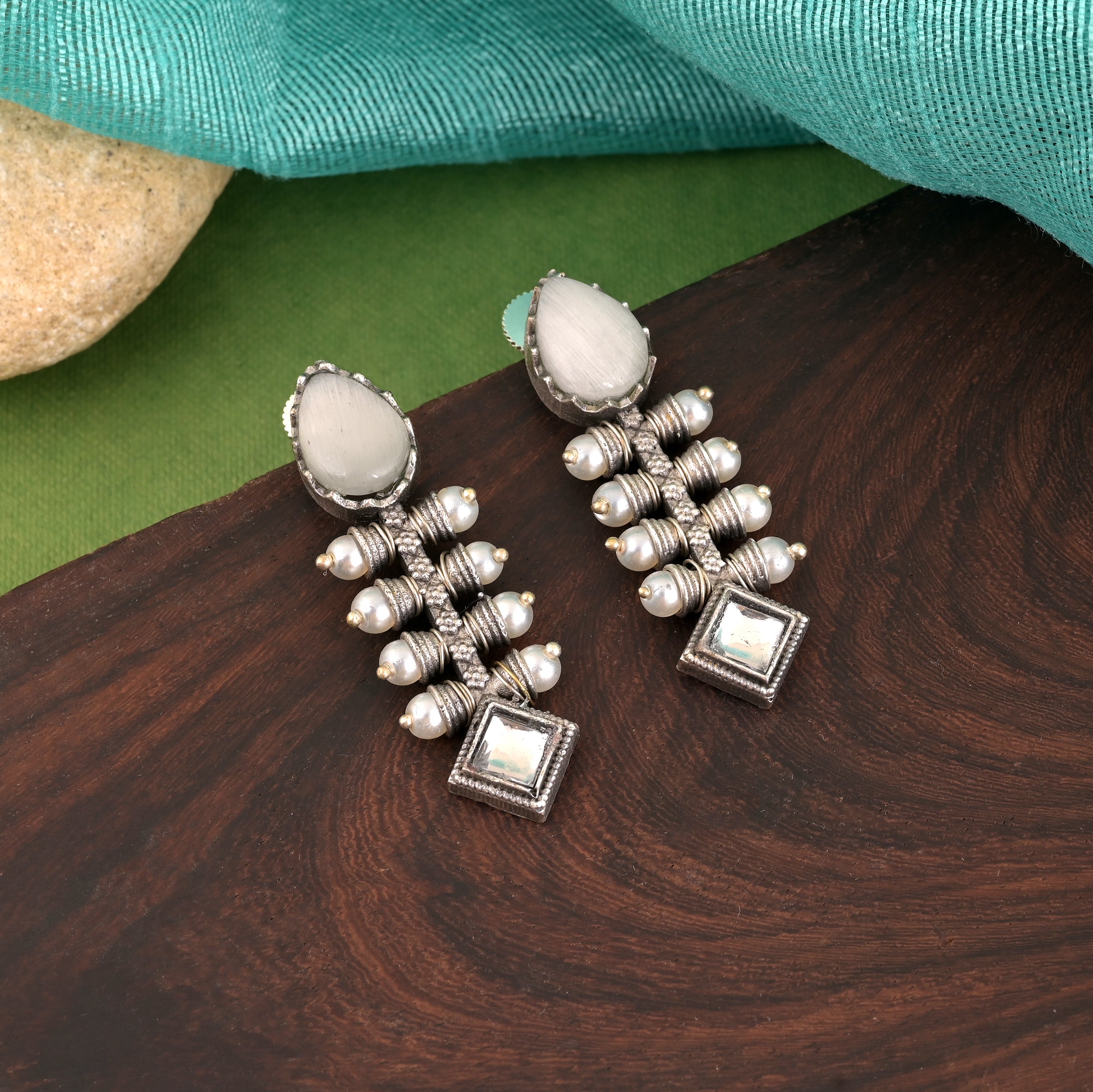 Modern White Color Oxidised Earrings With Classic Antique Style Detailing
