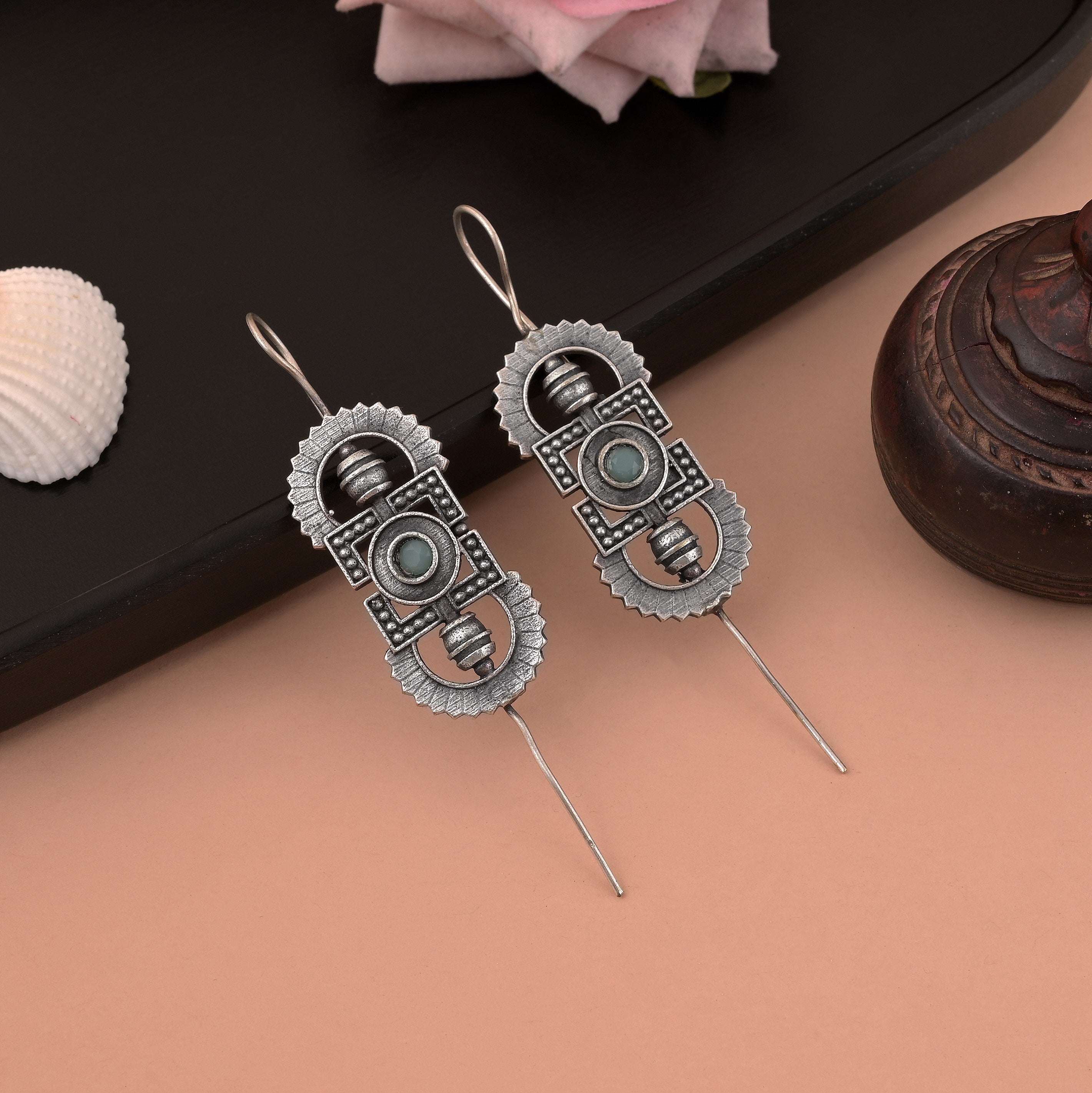 Bold Pista Green Color Oxidised Earrings With Ear Cuff For Stylish Edge