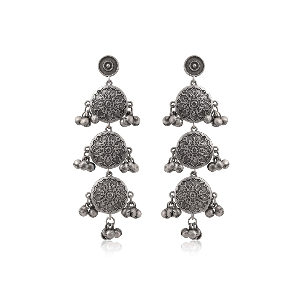 Oxidised Earrings In Silver Color With Intricate Embossed Artwork