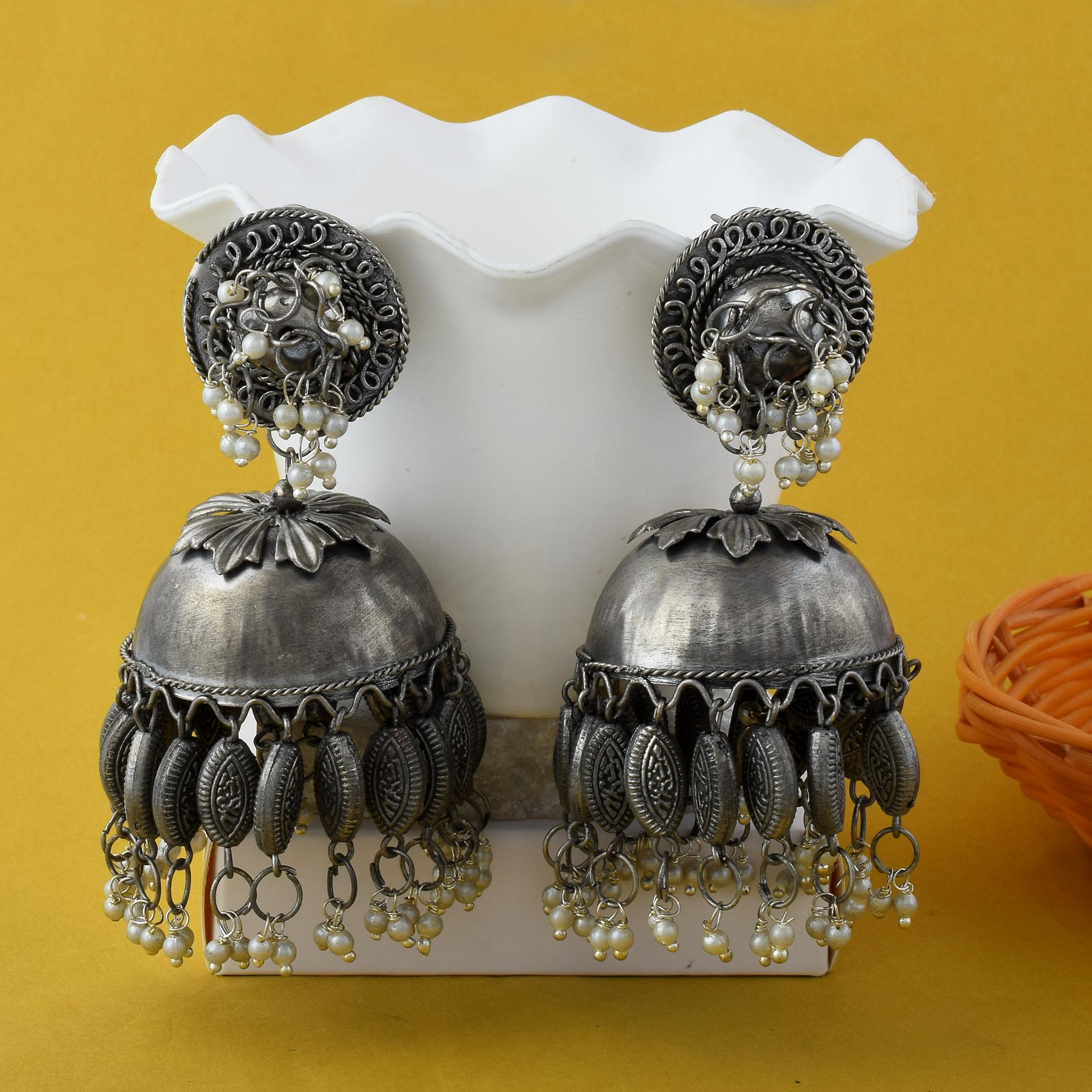Dramatic Silver Color Big Jhumka Oxidised Earrings For Cultural Functions