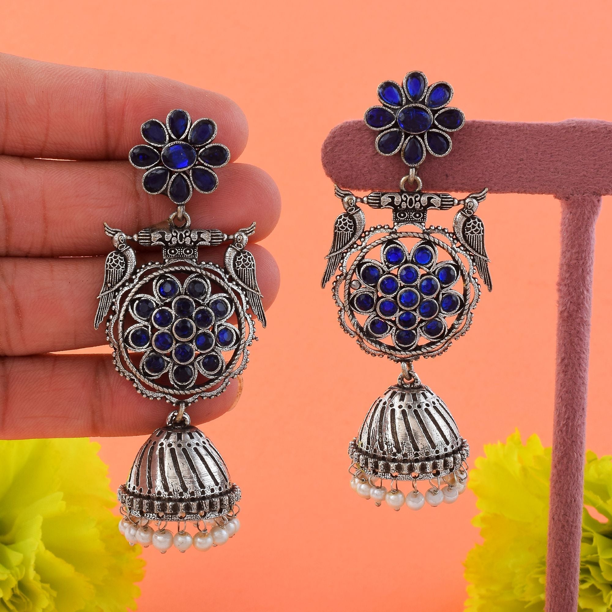 Gorgeous Blue Color Oxidised Earrings Designed For Brides, Parties, And Fashion Jewelry Styling