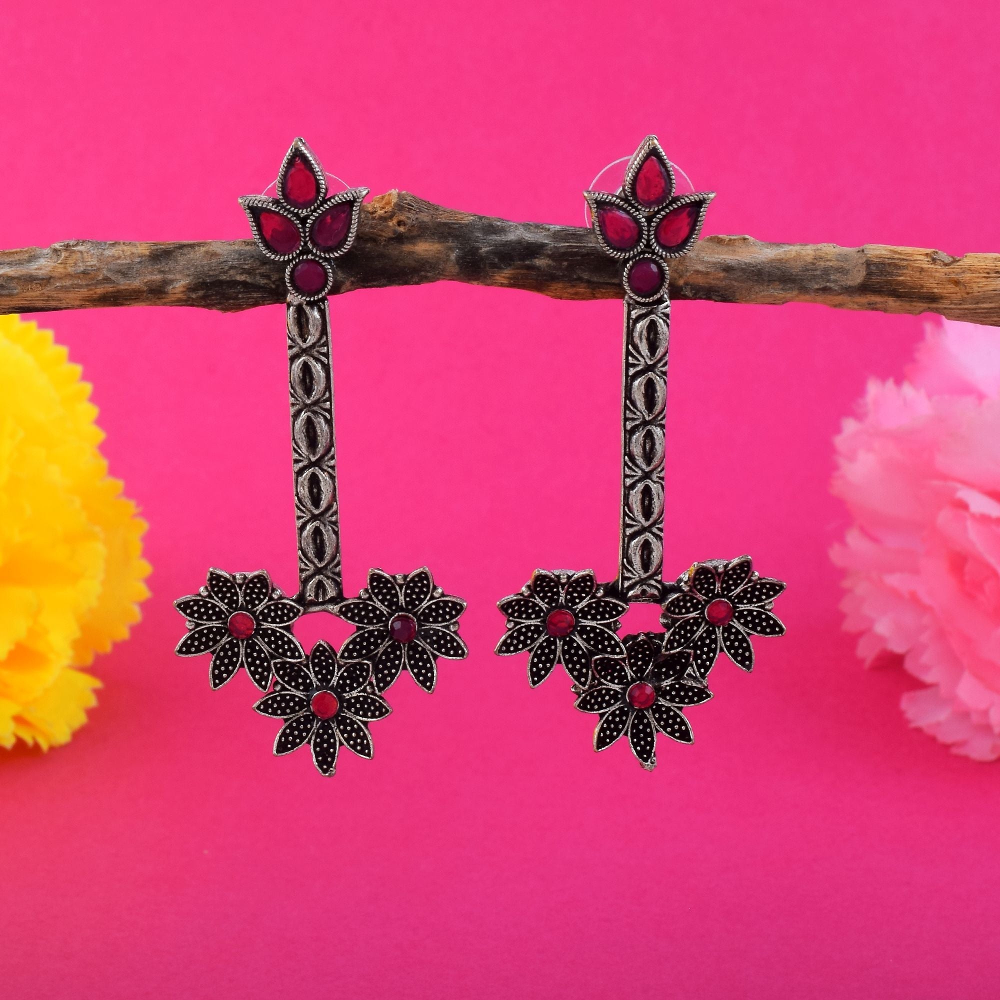 Beautiful Maroon Color Oxidised Earrings Perfect For Engagements, Festivals, And Traditional Jewelry