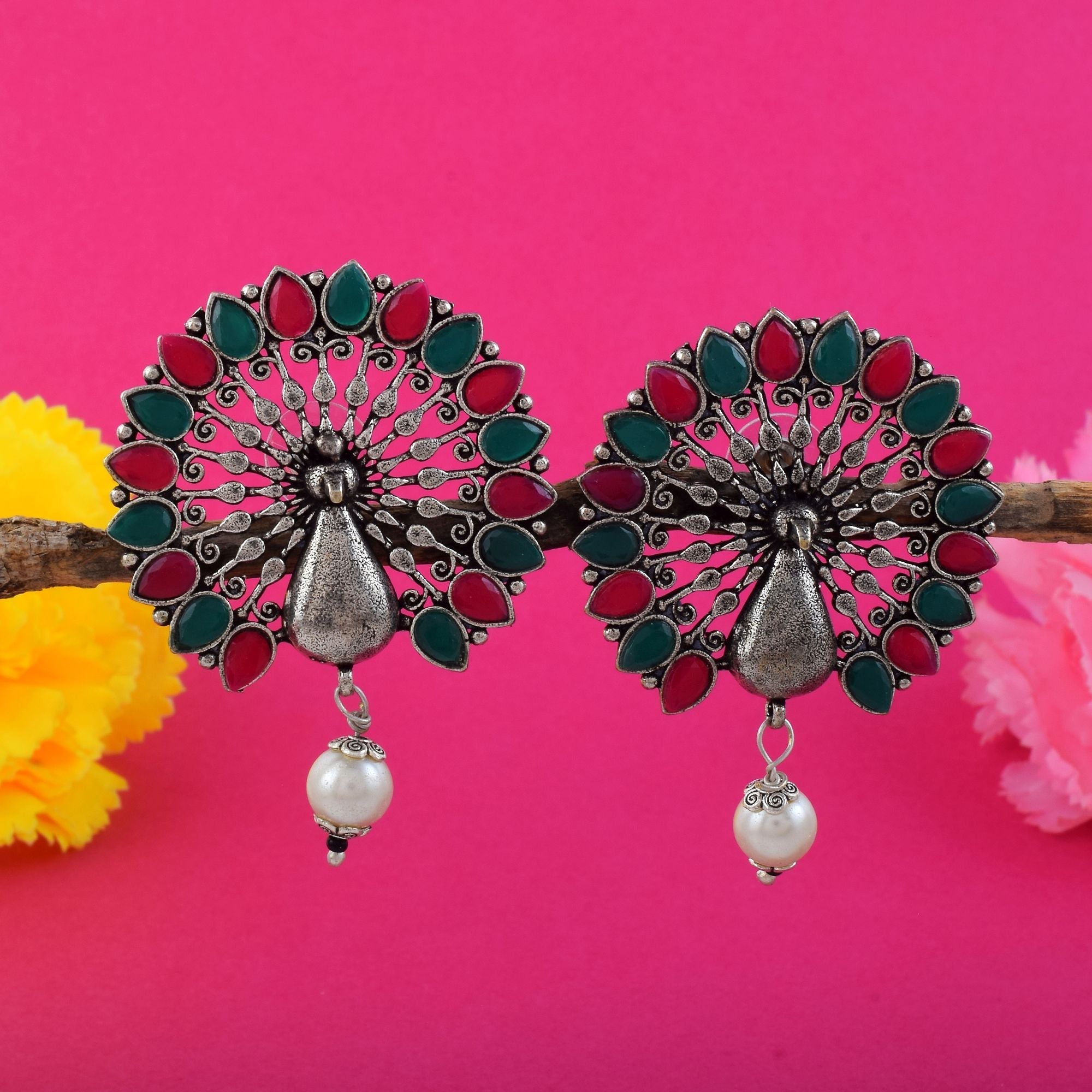 Gorgeous Rani And Green Color Oxidised Earrings Perfect For Bridal Wear And Cultural Outfits