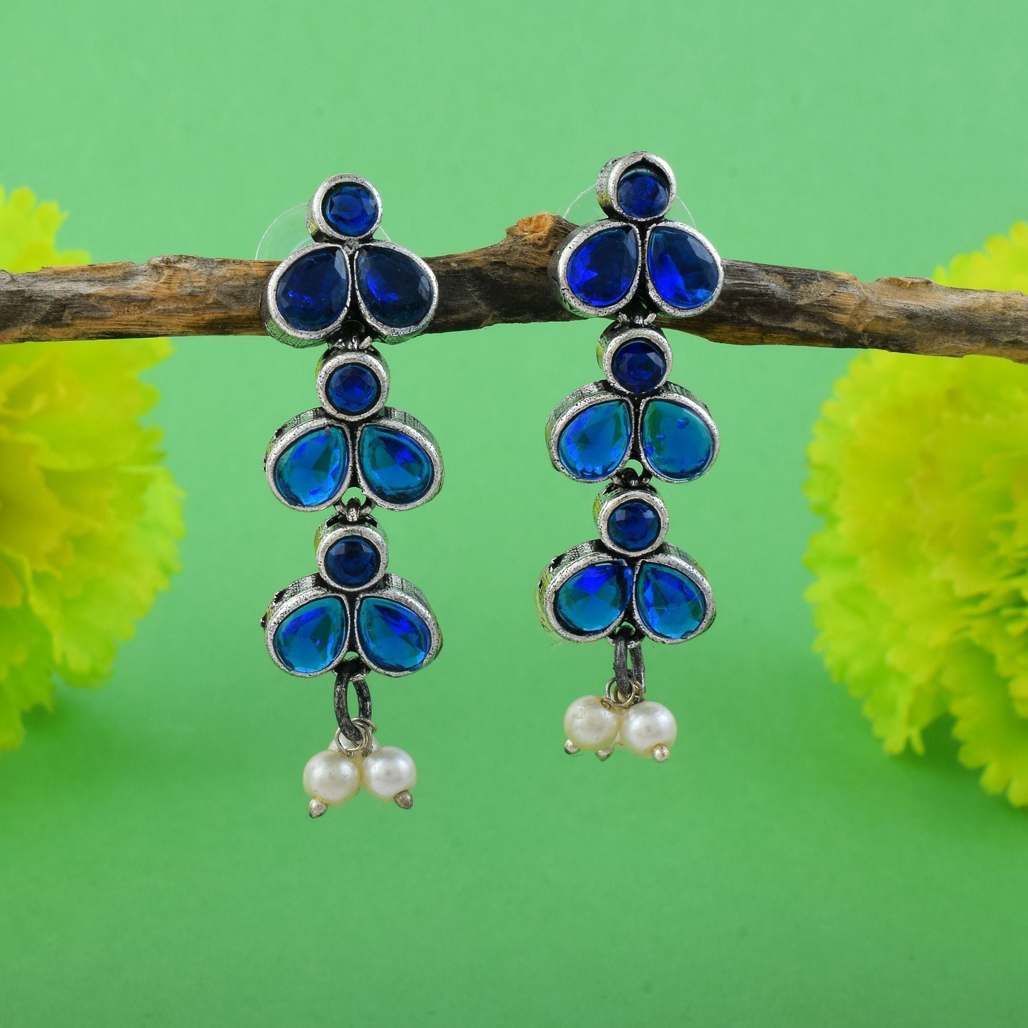 Elegant Blue Color Oxidised Earrings Crafted With Premium Artistic Work For Bridal And Festival Jewelry