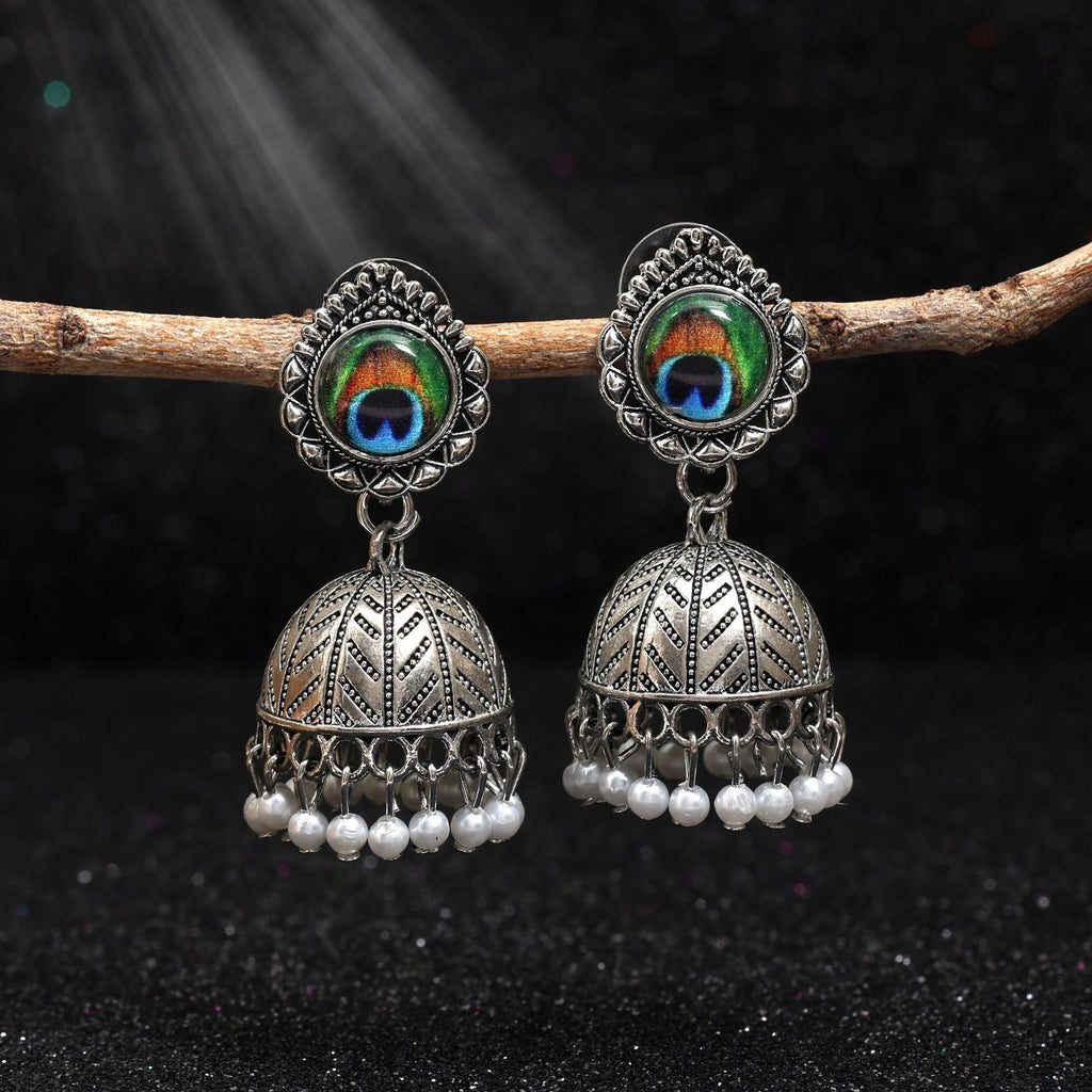 Exquisite Silver Color Peacock Feather Oxidised Earrings Crafted For Cultural Events And Wedding Jewelry