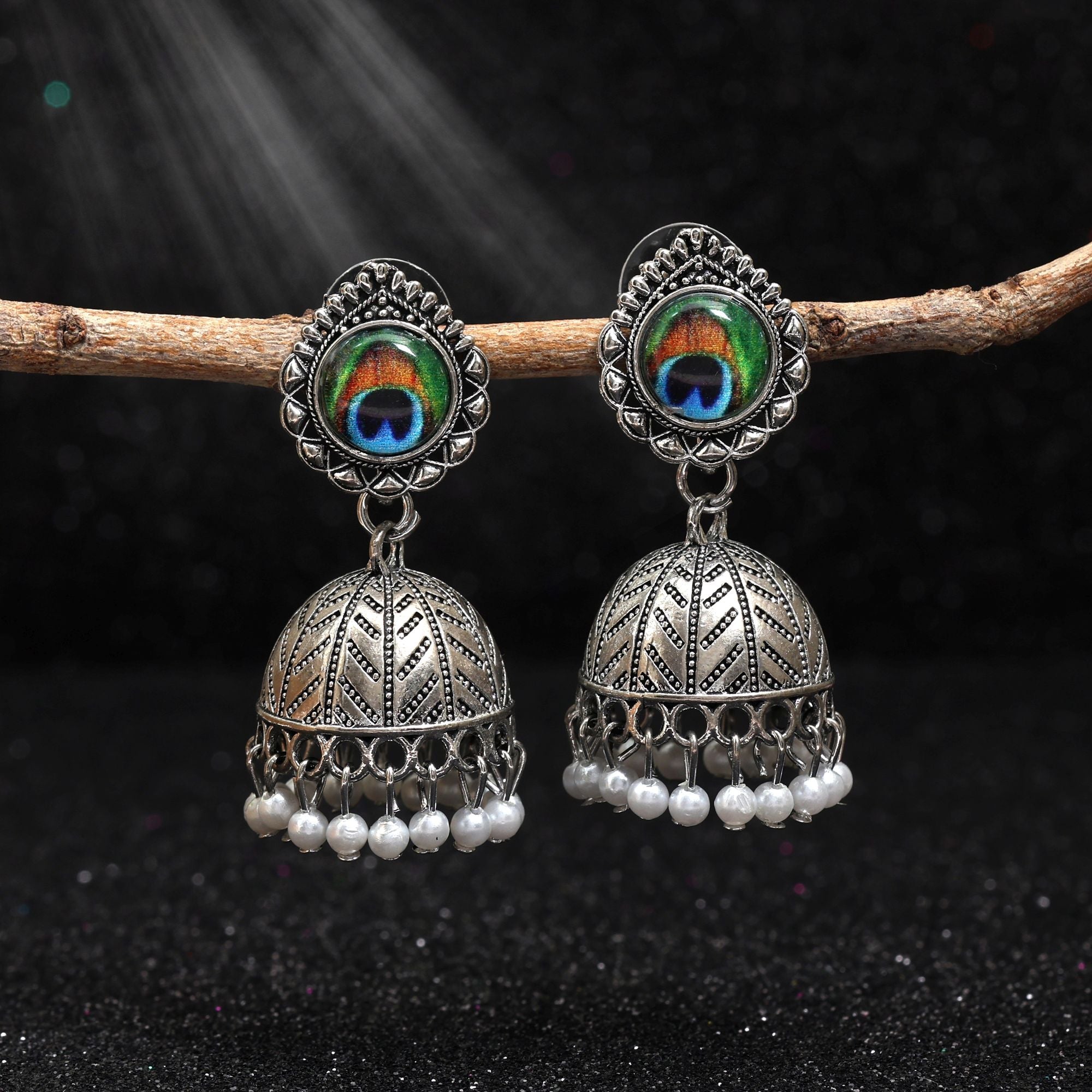 Exquisite Silver Color Peacock Feather Oxidised Earrings Crafted For Cultural Events And Wedding Jewelry