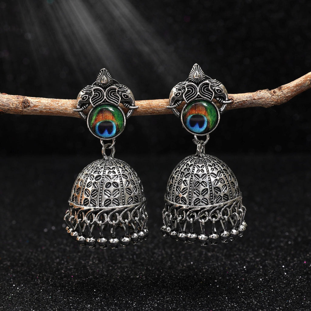Stylish Silver Color Peacock Feather Oxidised Earrings Perfect For Brides, Parties, And Traditional Wear