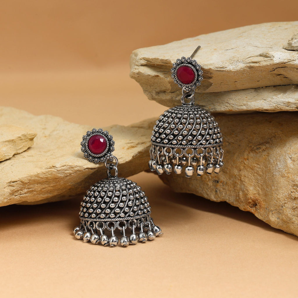 Gorgeous Rani Color Oxidised Earrings Designed With Handmade Work For Brides And Special Occasions