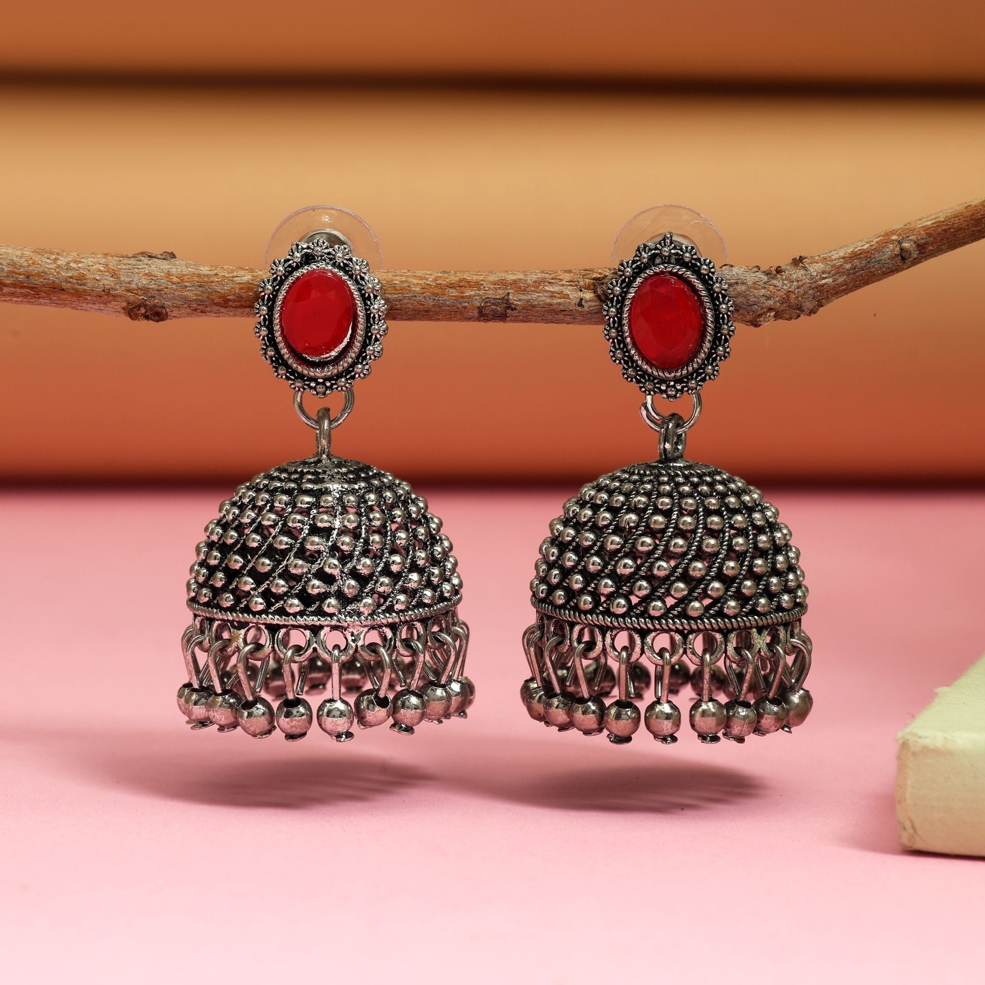 Stylish Rani Color Oxidised Earrings Crafted With Artistic Detailing For Brides And Traditional Jewelry
