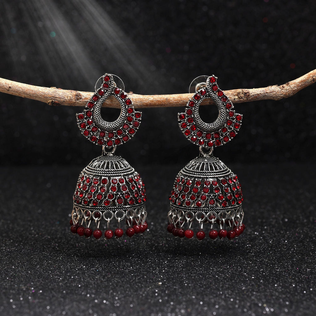 Elegant Maroon Color Oxidised Earrings Designed With Artistic Detailing For Brides And Traditional Outfits