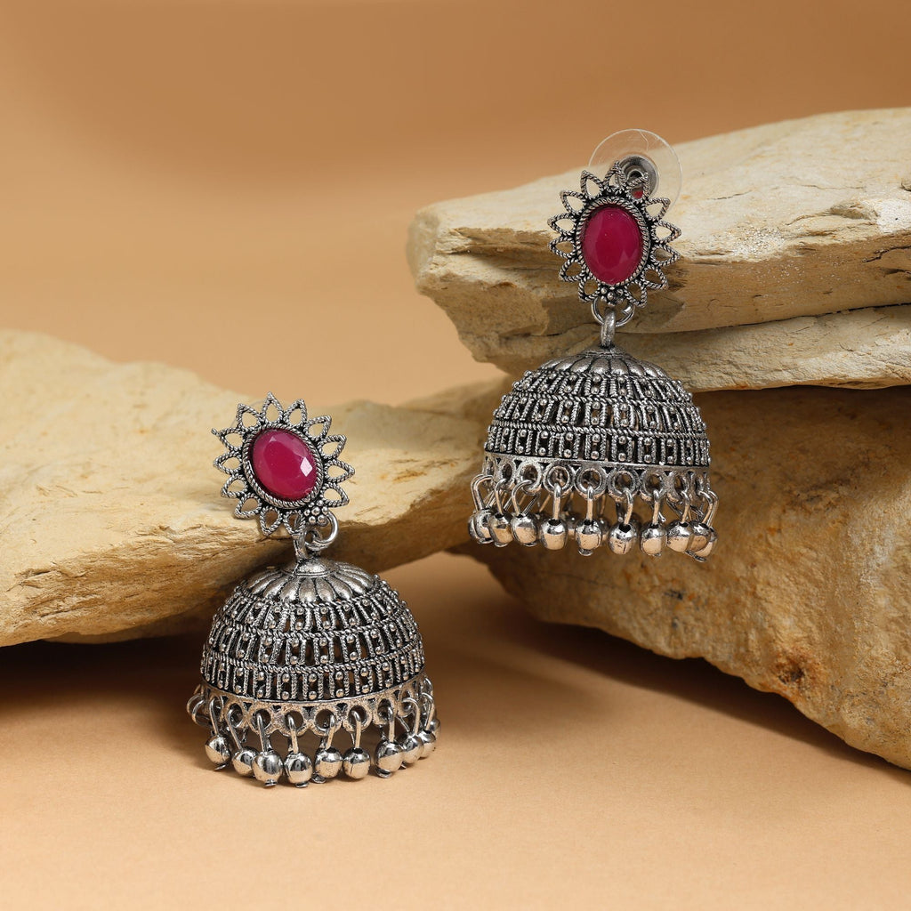 Elegant Rani Color Oxidised Earrings Crafted With Handmade Detailing For Bridal Jewelry And Festive Looks