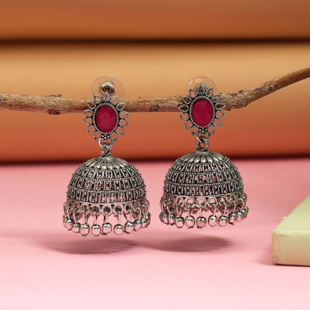 Elegant Rani Color Oxidised Earrings Crafted With Handmade Detailing For Bridal Jewelry And Festive Looks