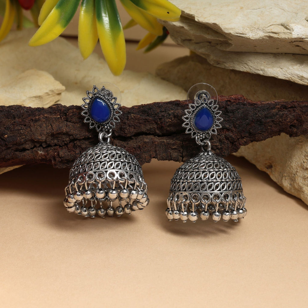 Gorgeous Blue Color Oxidised Earrings Designed With Artistic Work For Bridal Wear And Cultural Fashion