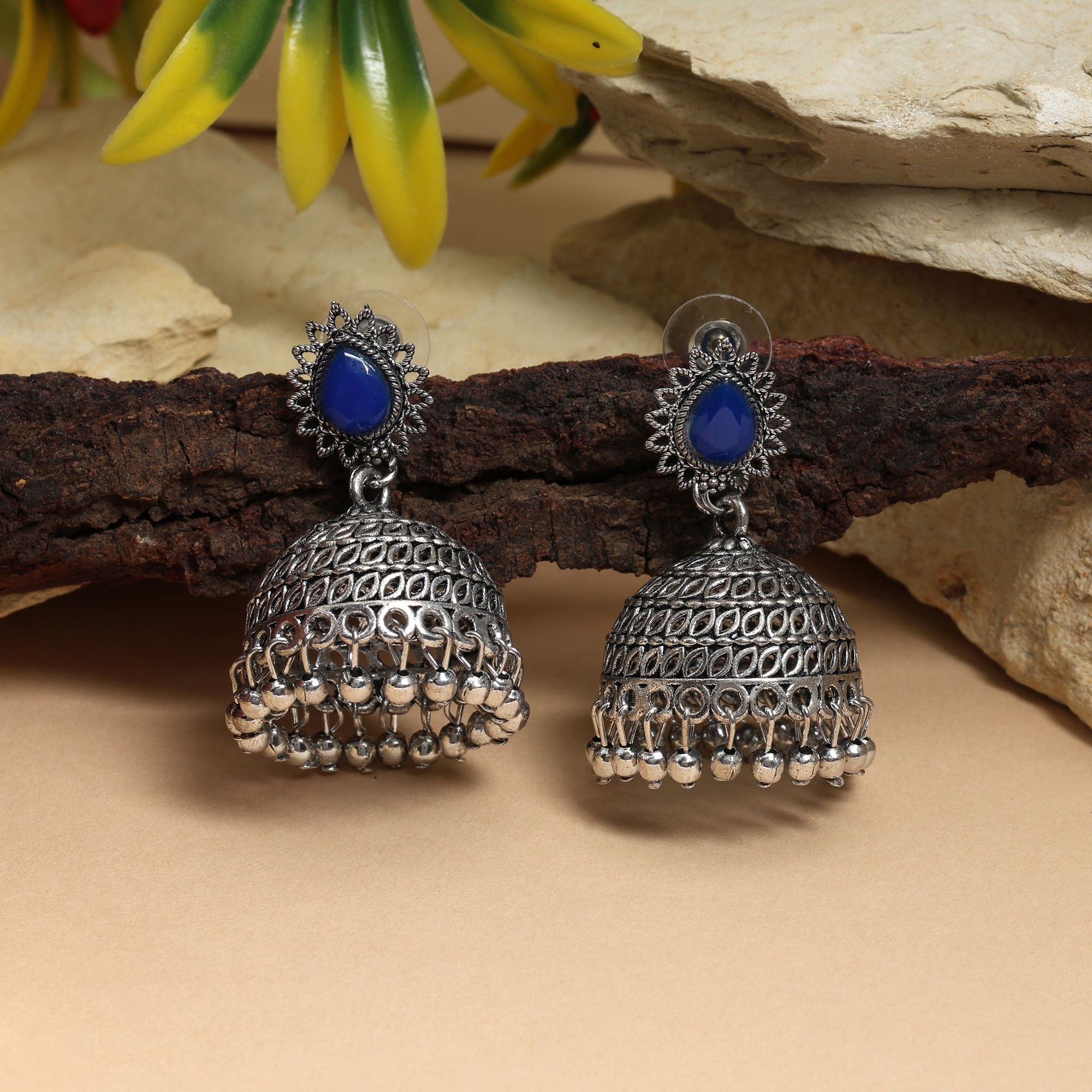 Gorgeous Blue Color Oxidised Earrings Designed With Artistic Work For Bridal Wear And Cultural Fashion