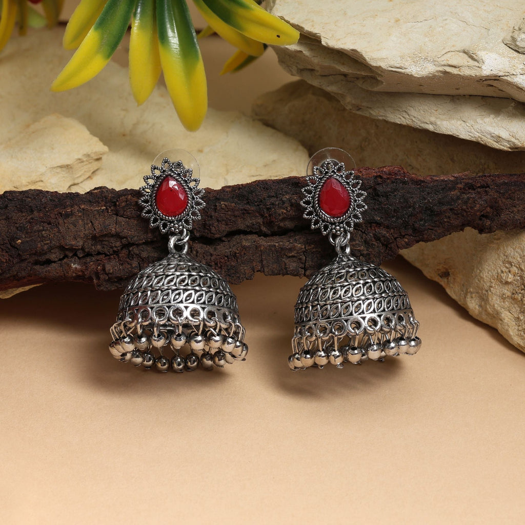 Elegant Red Color Oxidised Earrings Crafted For Brides, Parties, And Ethnic Cultural Celebrations Jewelry