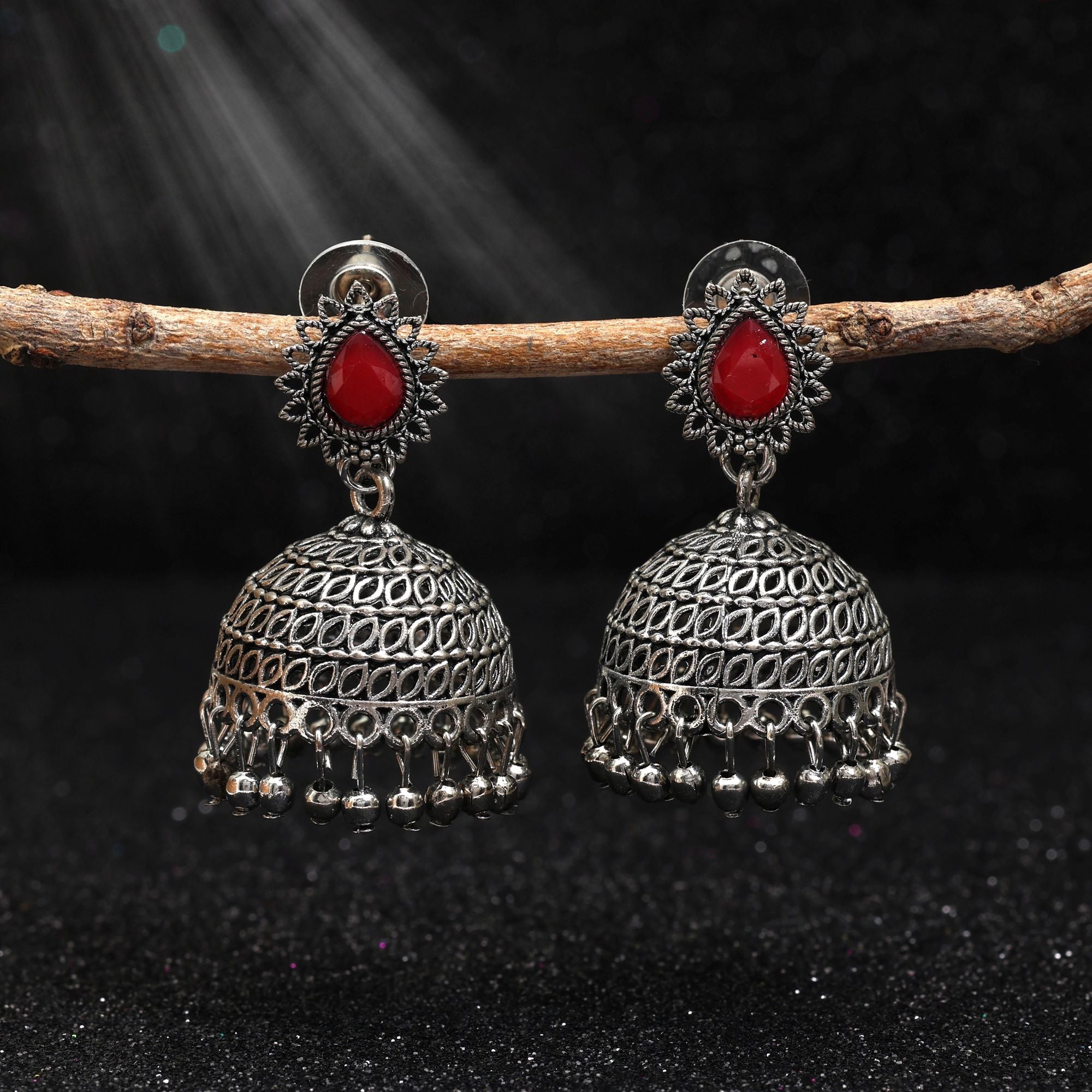 Elegant Red Color Oxidised Earrings Crafted For Brides, Parties, And Ethnic Cultural Celebrations Jewelry