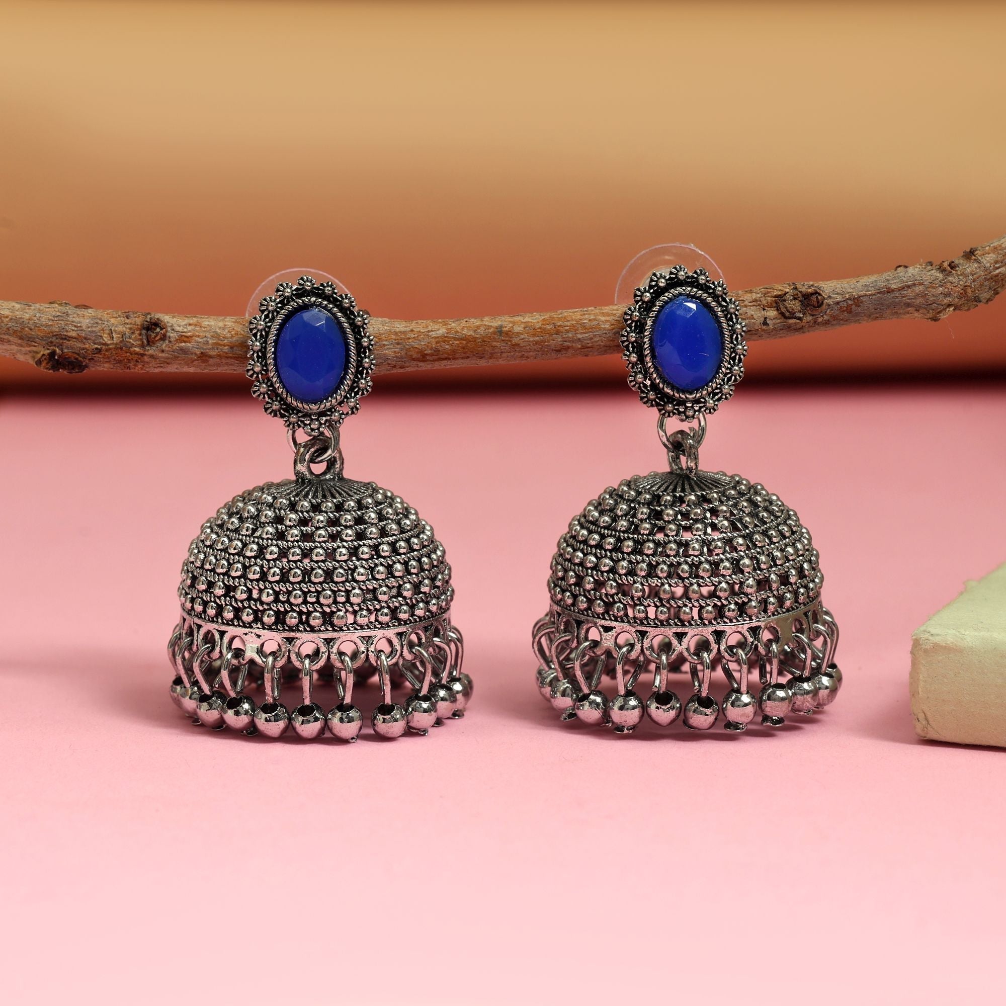 Elegant Blue Color Oxidised Earrings Crafted With Handmade Artistic Work For Brides And Cultural Styling