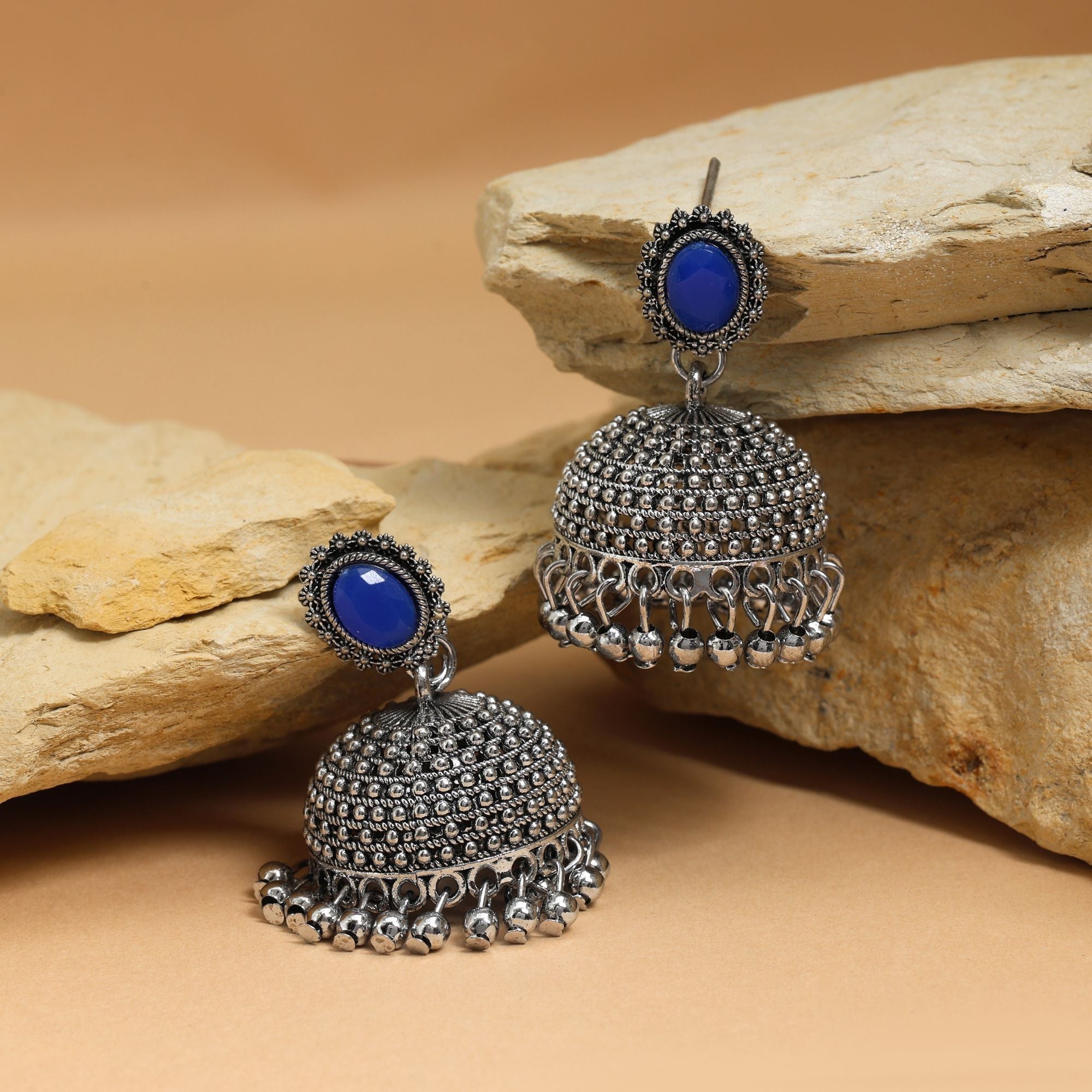 Elegant Blue Color Oxidised Earrings Crafted With Handmade Artistic Work For Brides And Cultural Styling