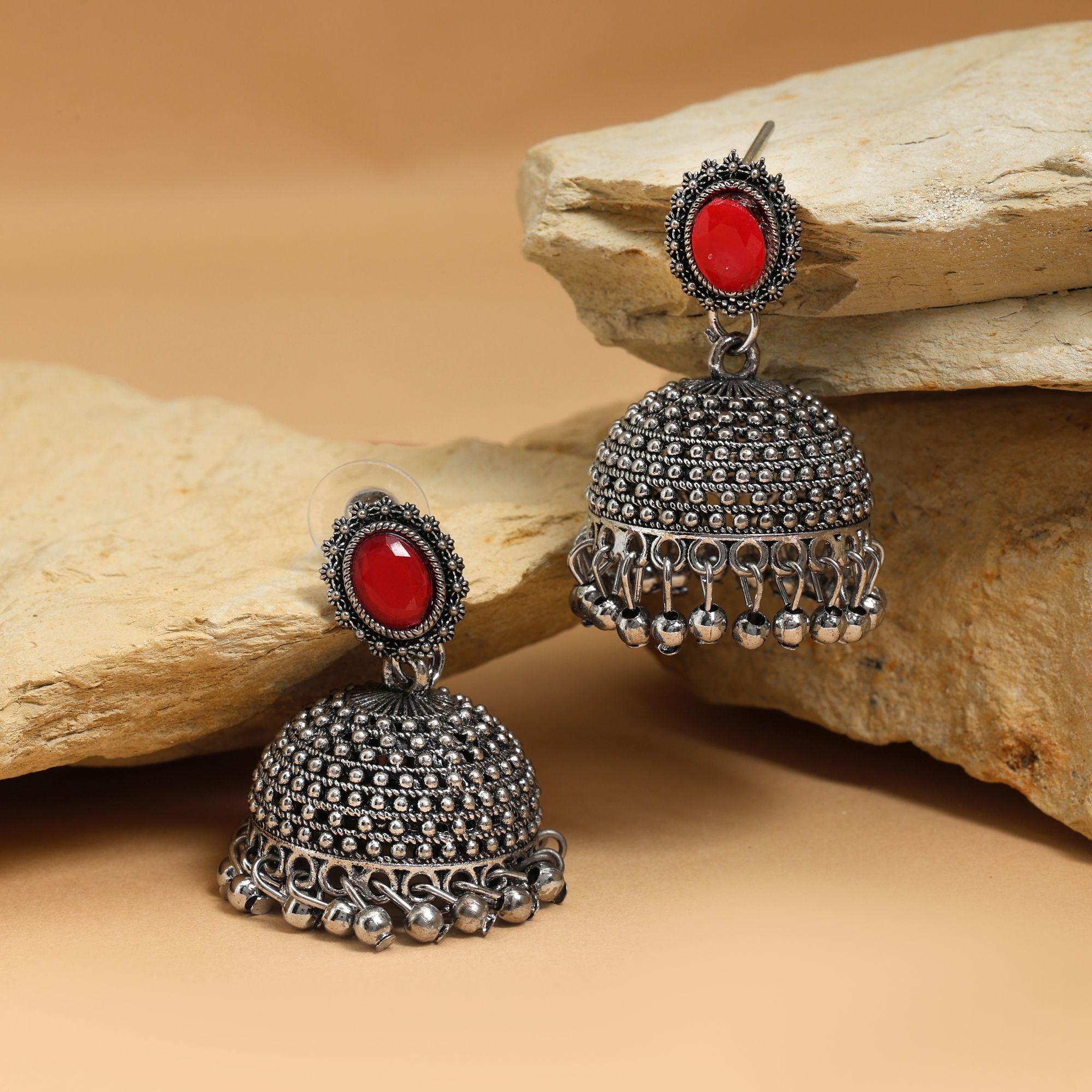 Stylish Red Color Oxidised Earrings Perfect For Brides, Cultural Outfits, And Traditional Party Celebrations