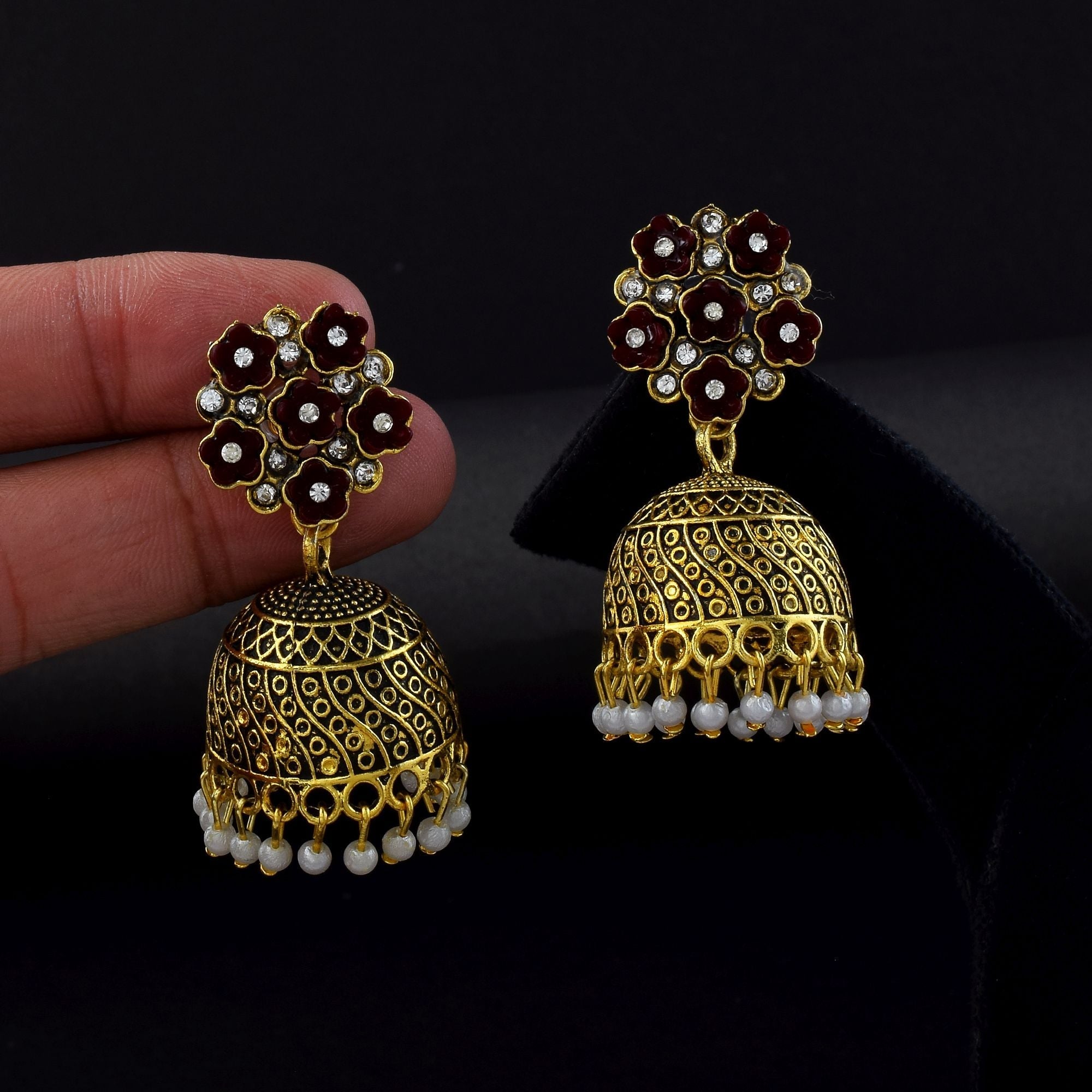 Gorgeous Maroon Color Oxidised Earrings Crafted For Bridal Wear, Parties, And Special Occasions