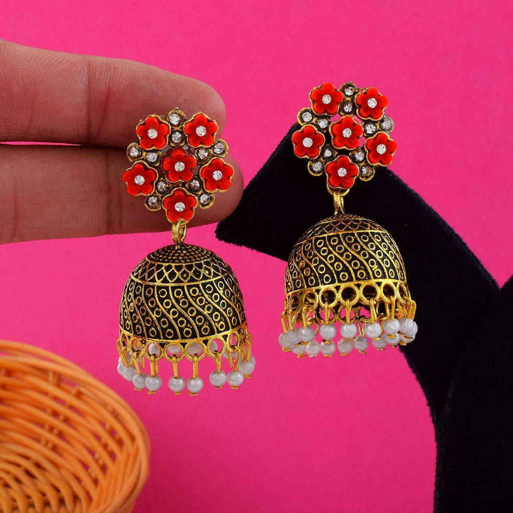 Attractive Red Color Oxidised Earrings Crafted For Parties, Celebrations, And Traditional Festive Outfits