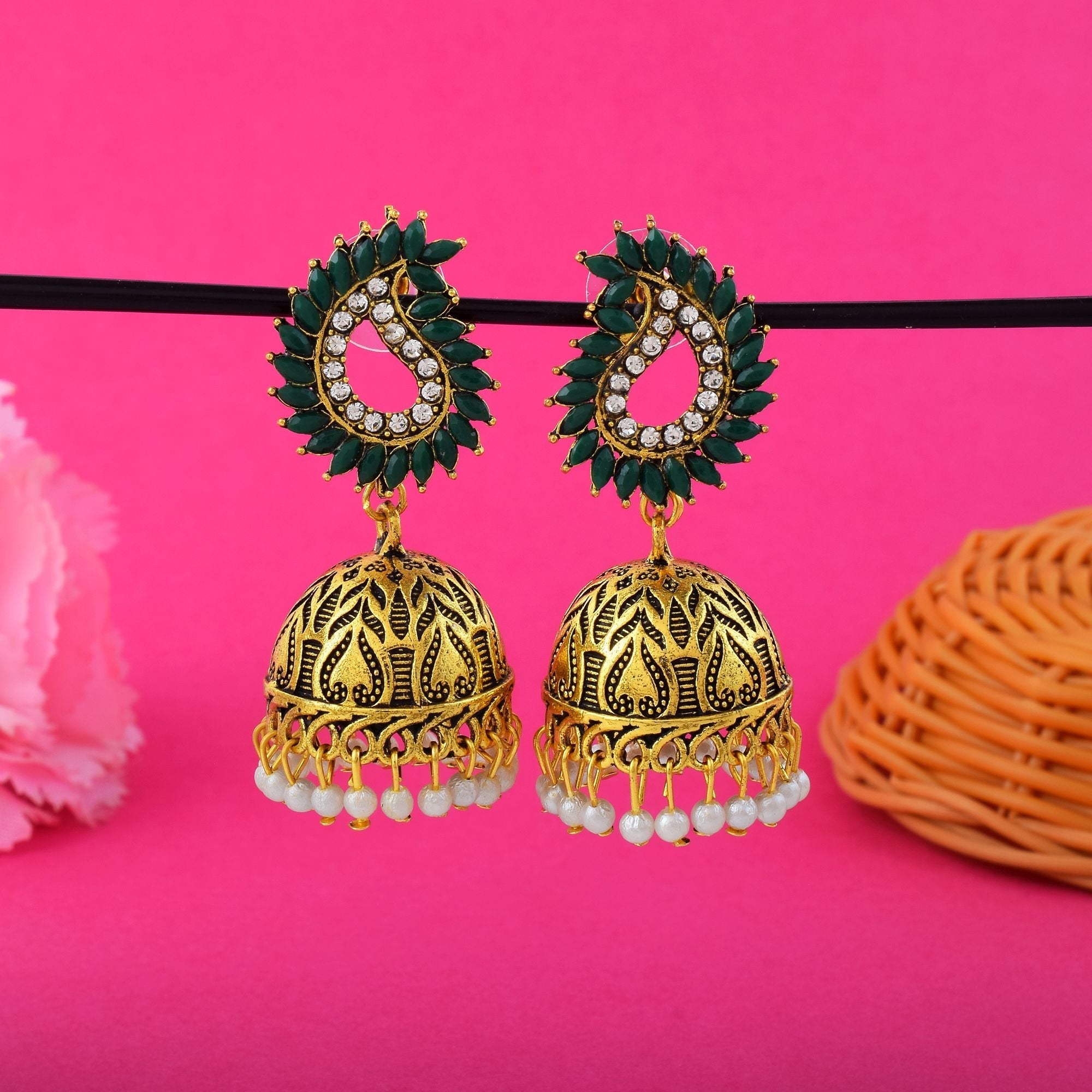 Beautiful Green Color Oxidised Earrings Designed For Ethnic Styling, Weddings, And Party Occasions