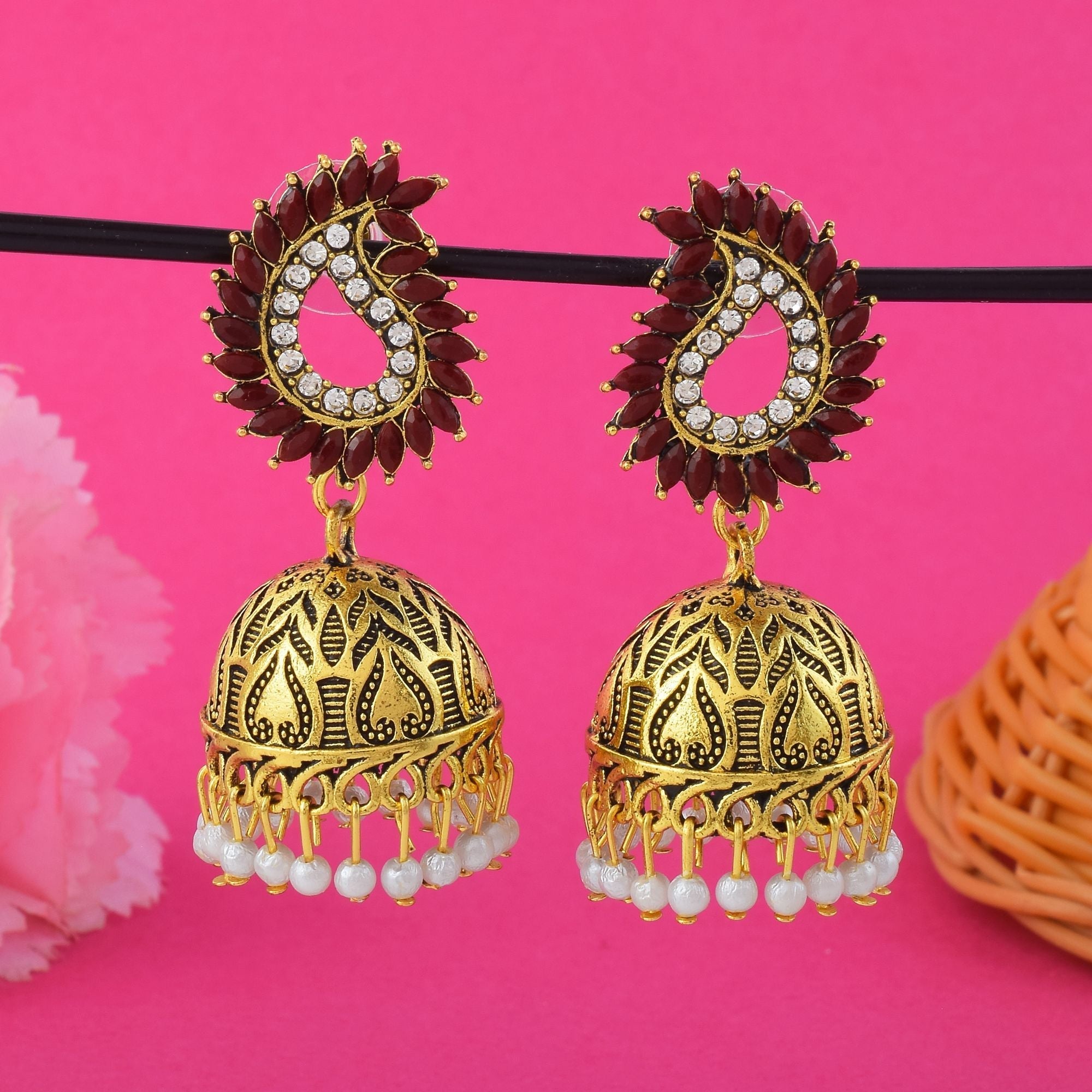 Stylish Maroon Color Oxidised Earrings Perfect For Wedding Functions, Cultural Events, And Party Outfits
