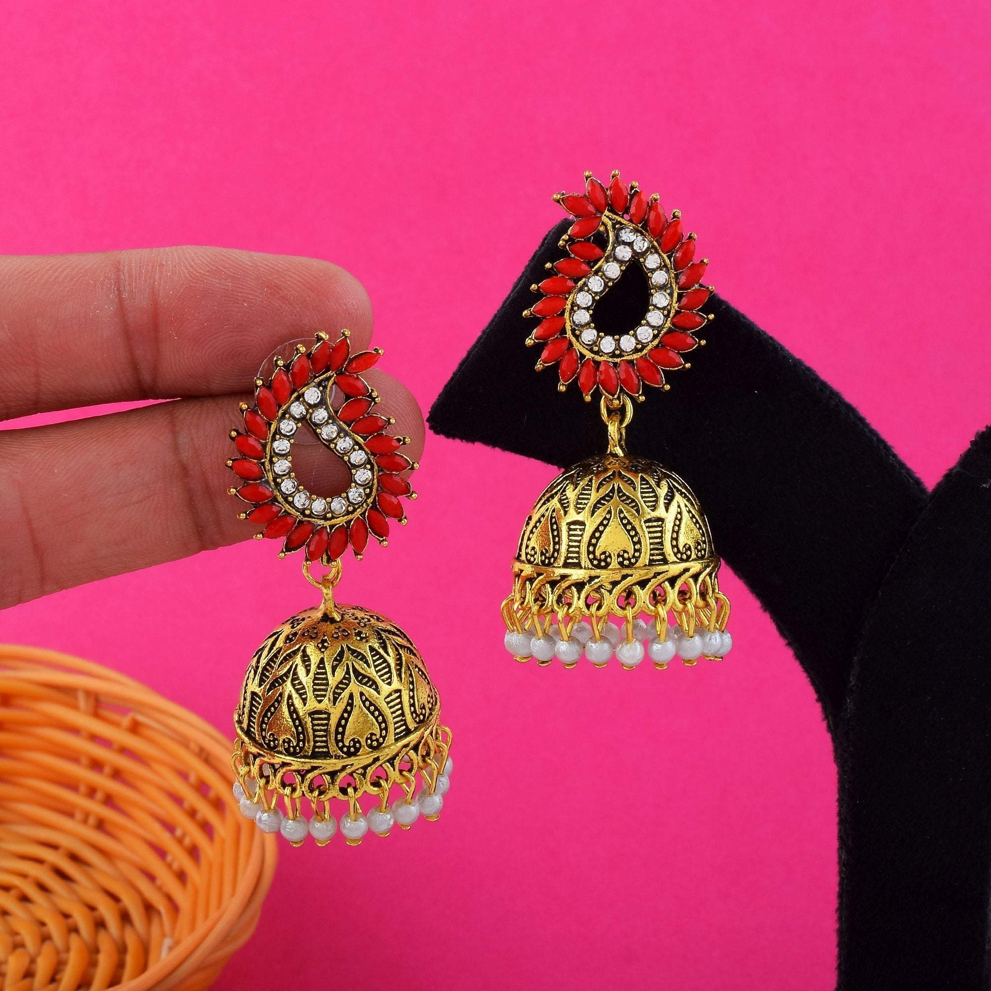 Elegant Red Color Oxidised Earrings Designed For Bridal Fashion And Traditional Festival Jewelry