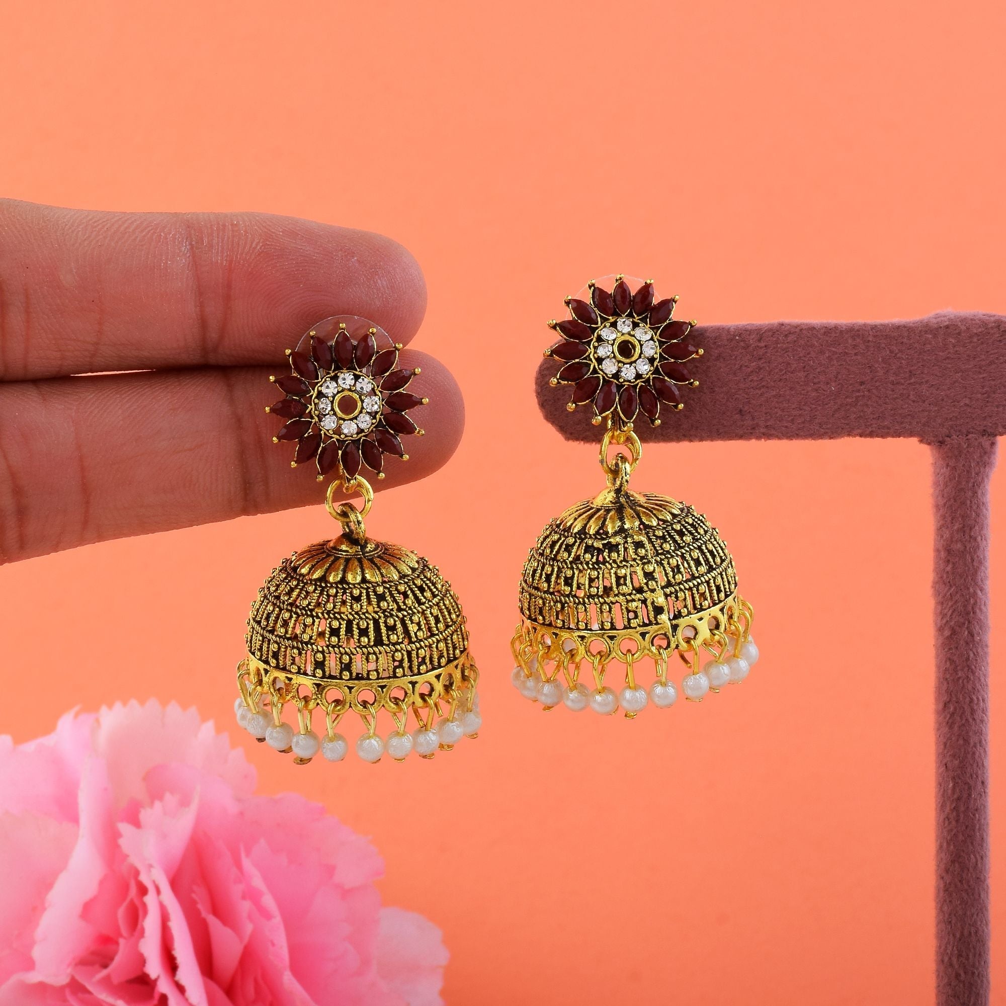 Gorgeous Maroon Color Oxidised Earrings Designed For Festivals, Parties, And Cultural Fashion Jewelry
