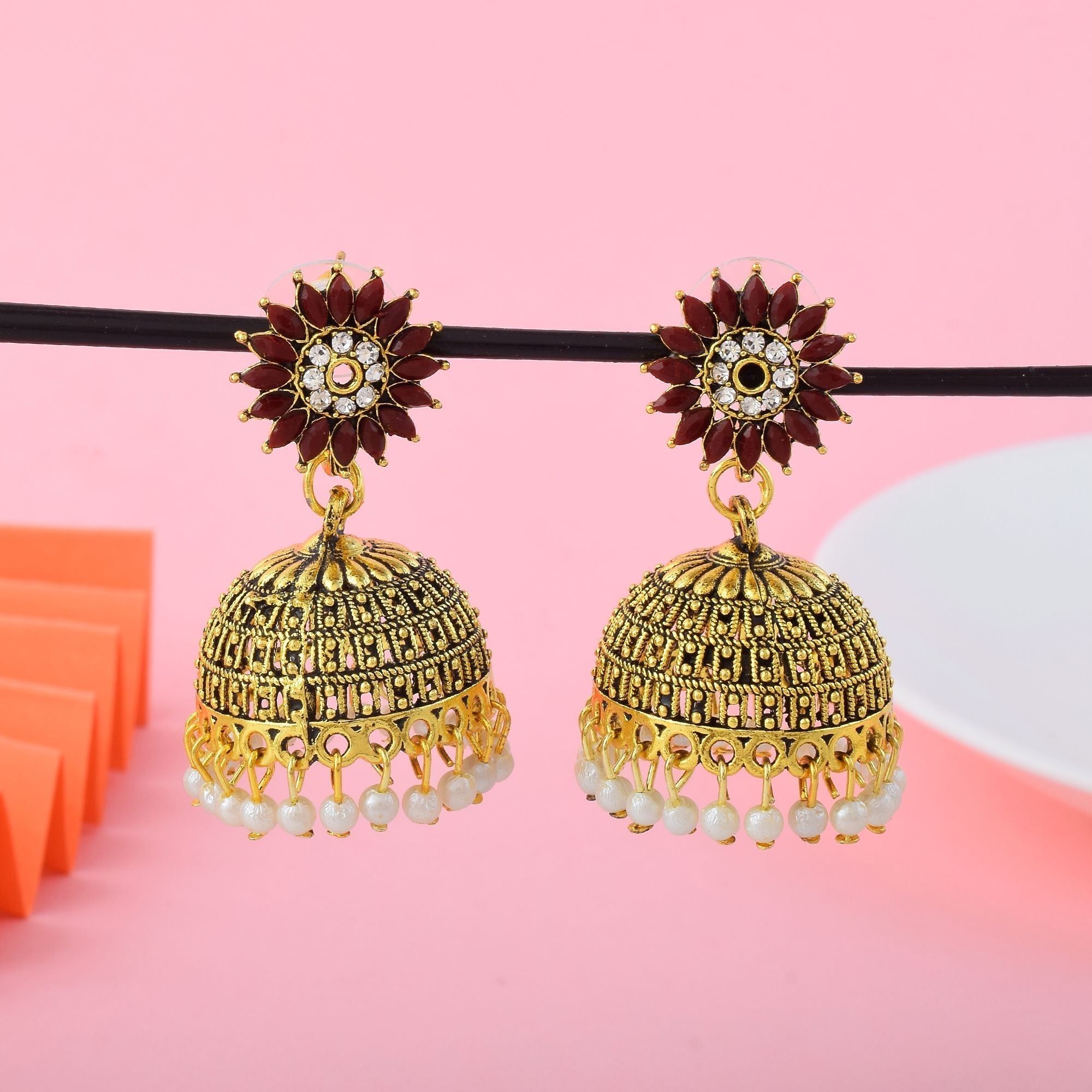 Gorgeous Maroon Color Oxidised Earrings Designed For Festivals, Parties, And Cultural Fashion Jewelry