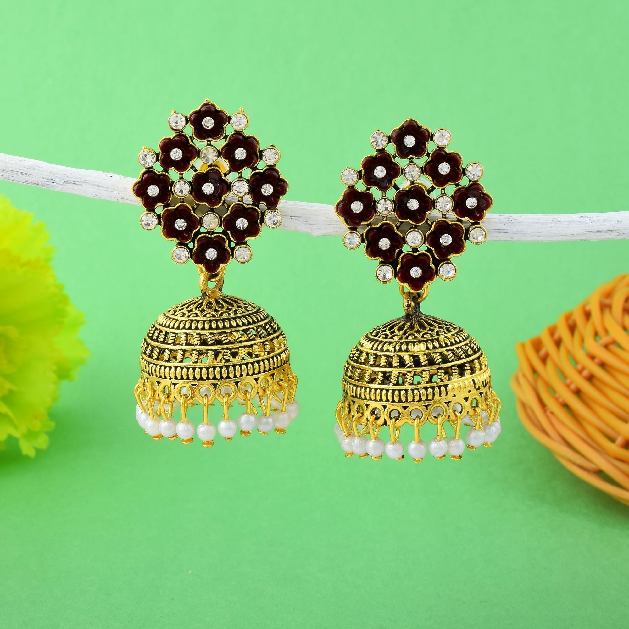 Elegant Maroon Color Oxidised Earrings Designed With Premium Detailing For Bridal And Festive Styling