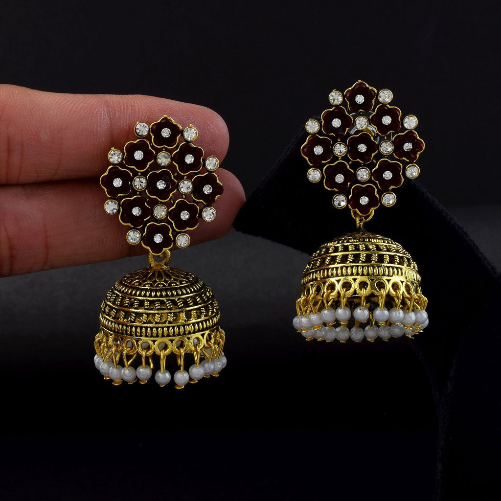 Elegant Maroon Color Oxidised Earrings Designed With Premium Detailing For Bridal And Festive Styling