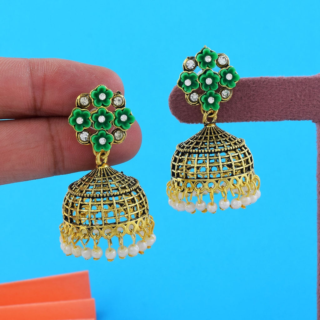 Gorgeous Rama Green Color Oxidised Earrings Designed For Bridal Fashion Jewelry And Ethnic Styling