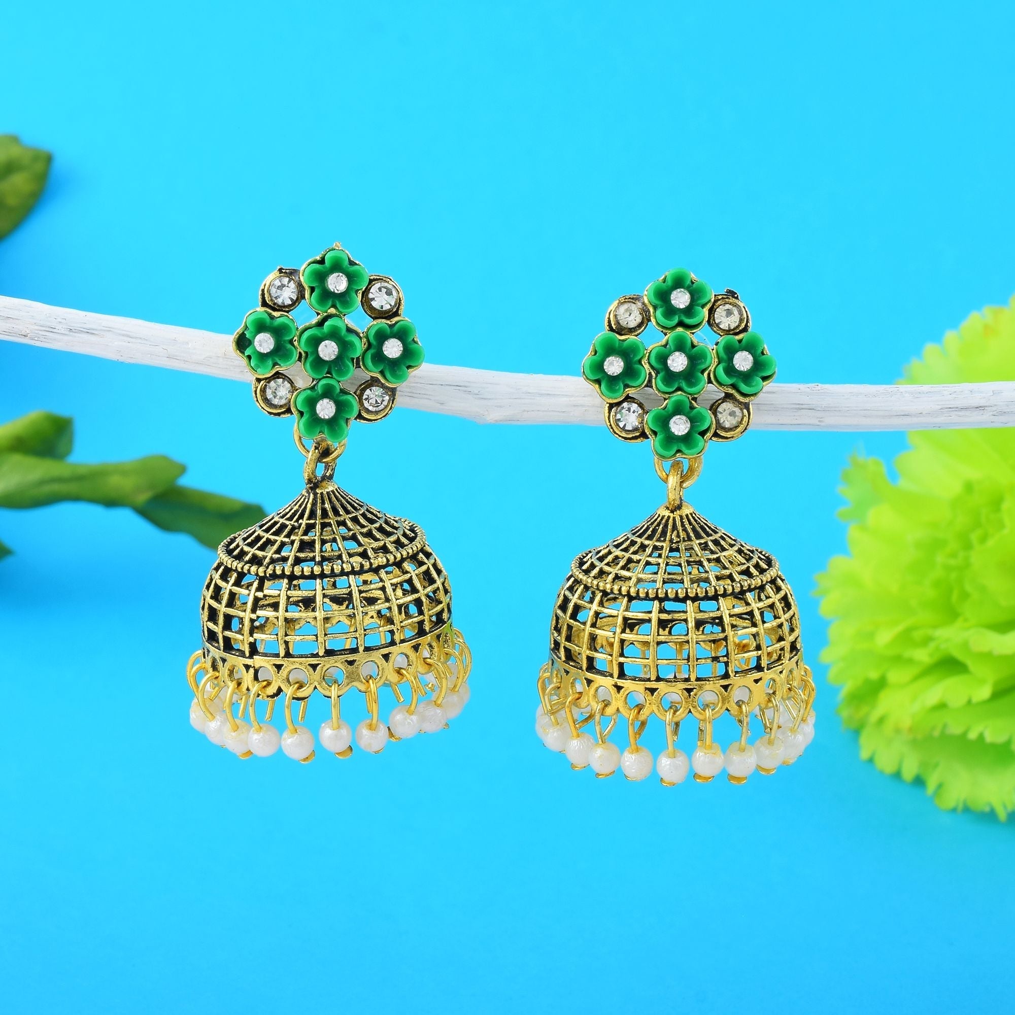 Gorgeous Rama Green Color Oxidised Earrings Designed For Bridal Fashion Jewelry And Ethnic Styling