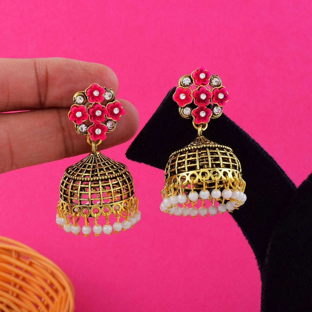 Gorgeous Rani Color Oxidised Earrings Designed With Artistic Detailing For Brides And Special Occasions