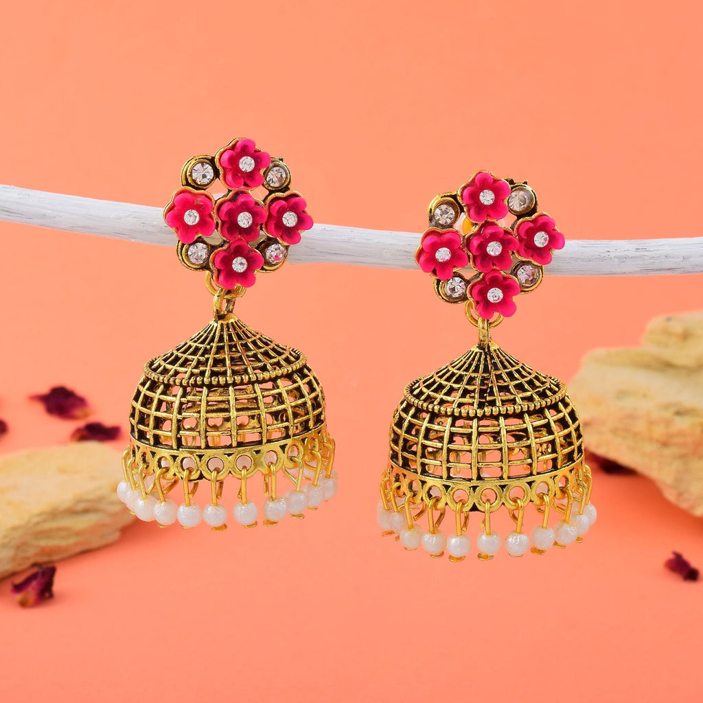 Gorgeous Rani Color Oxidised Earrings Designed With Artistic Detailing For Brides And Special Occasions