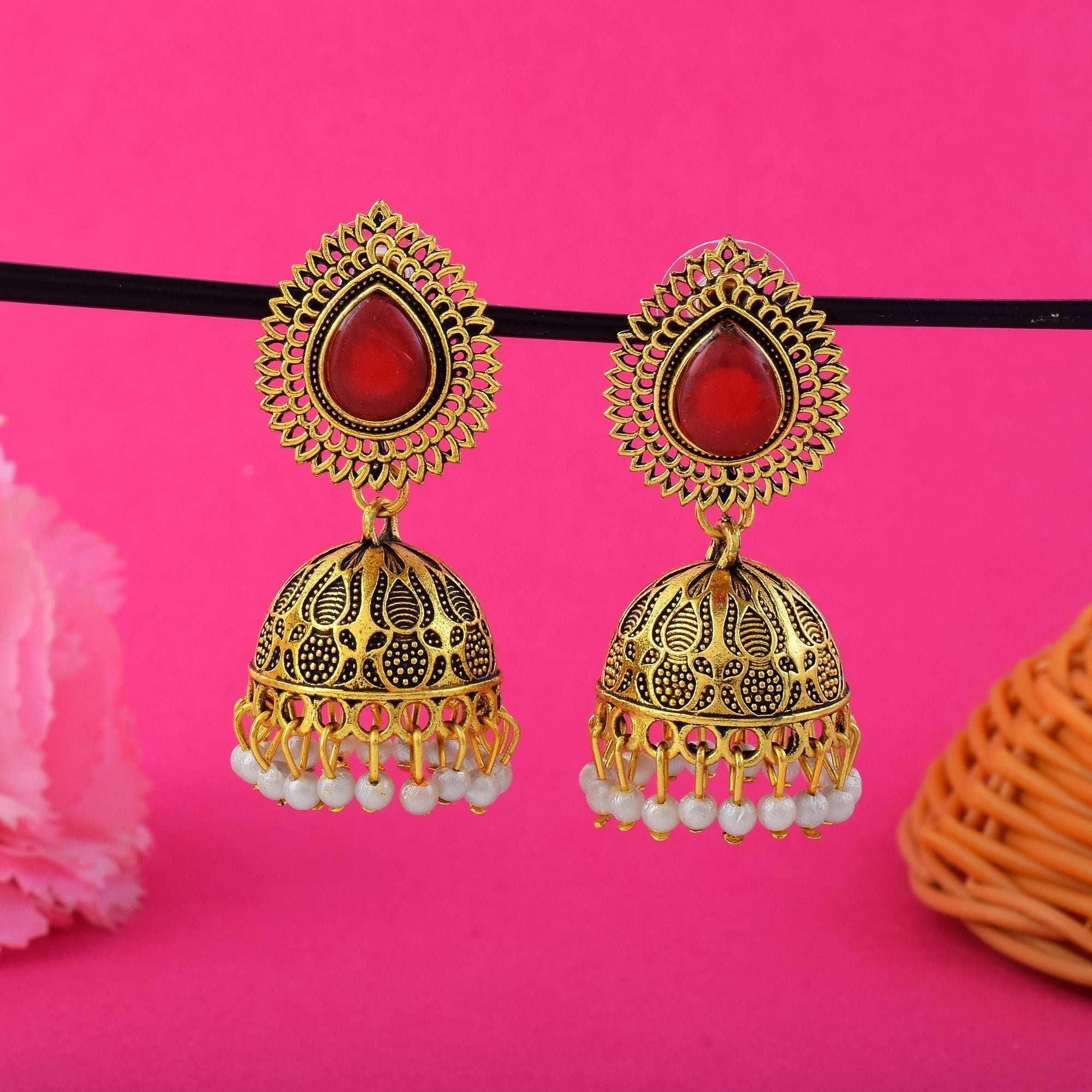 Beautiful Red Color Oxidised Earrings Perfect For Traditional Fashion Jewelry And Ethnic Occasions