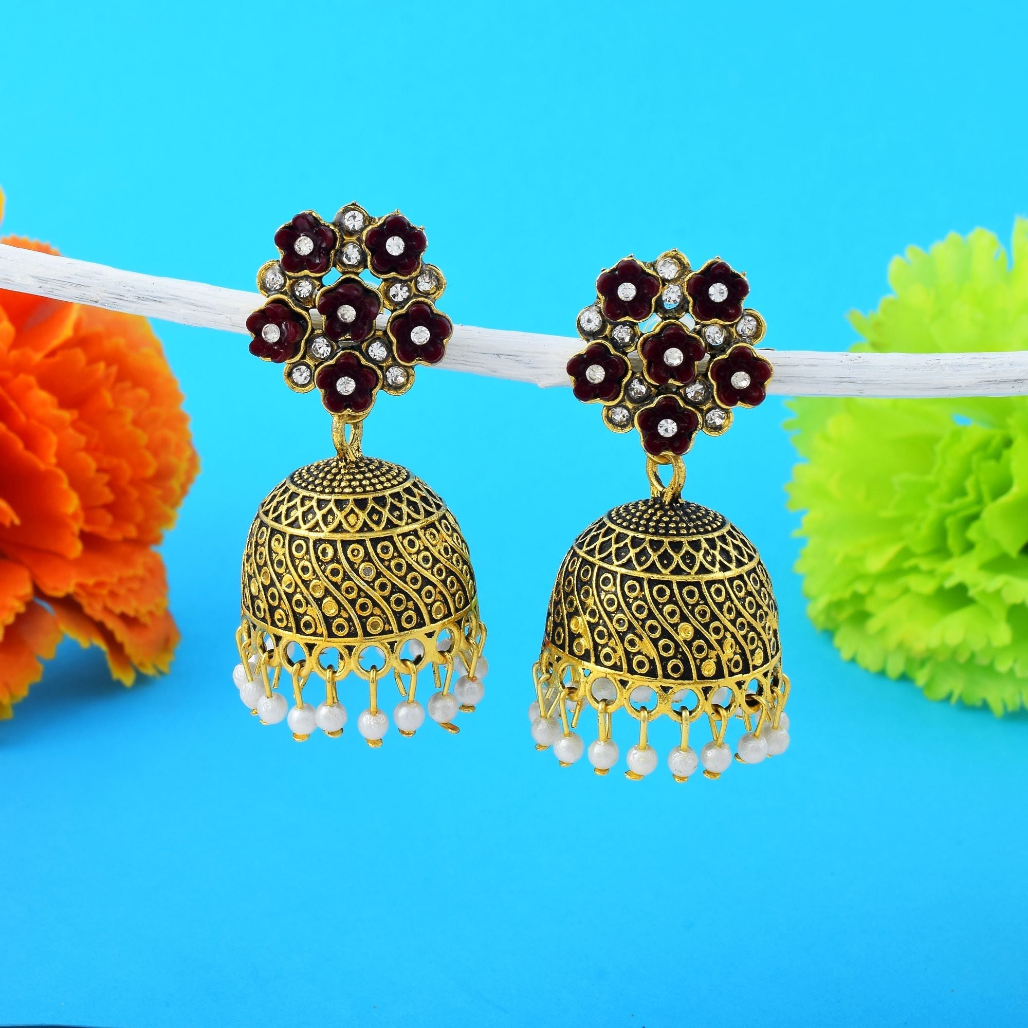 Gorgeous Maroon Color Oxidised Earrings Perfect For Women’S Wedding Wear, Festivals, And Engagements