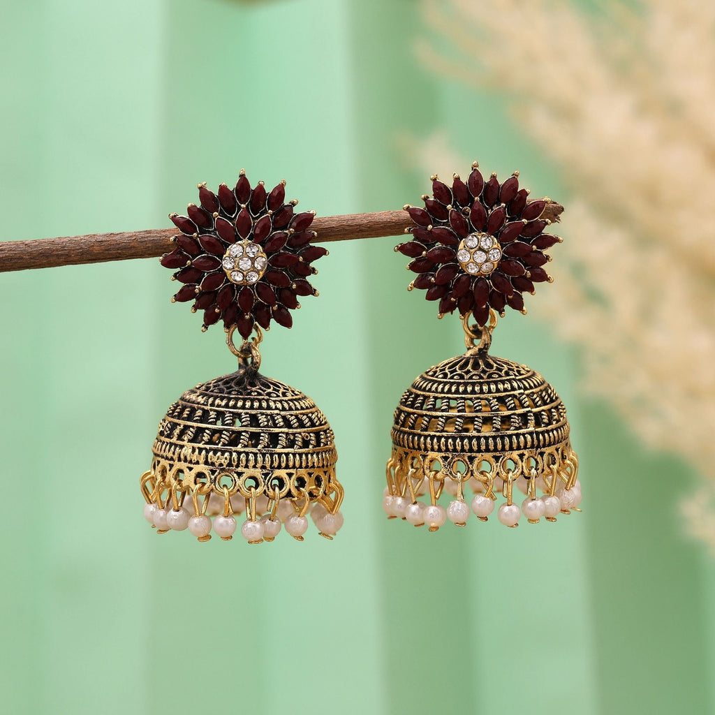 Attractive Maroon Color Oxidised Earrings Designed For Bridal Wear, Parties, And Cultural Events