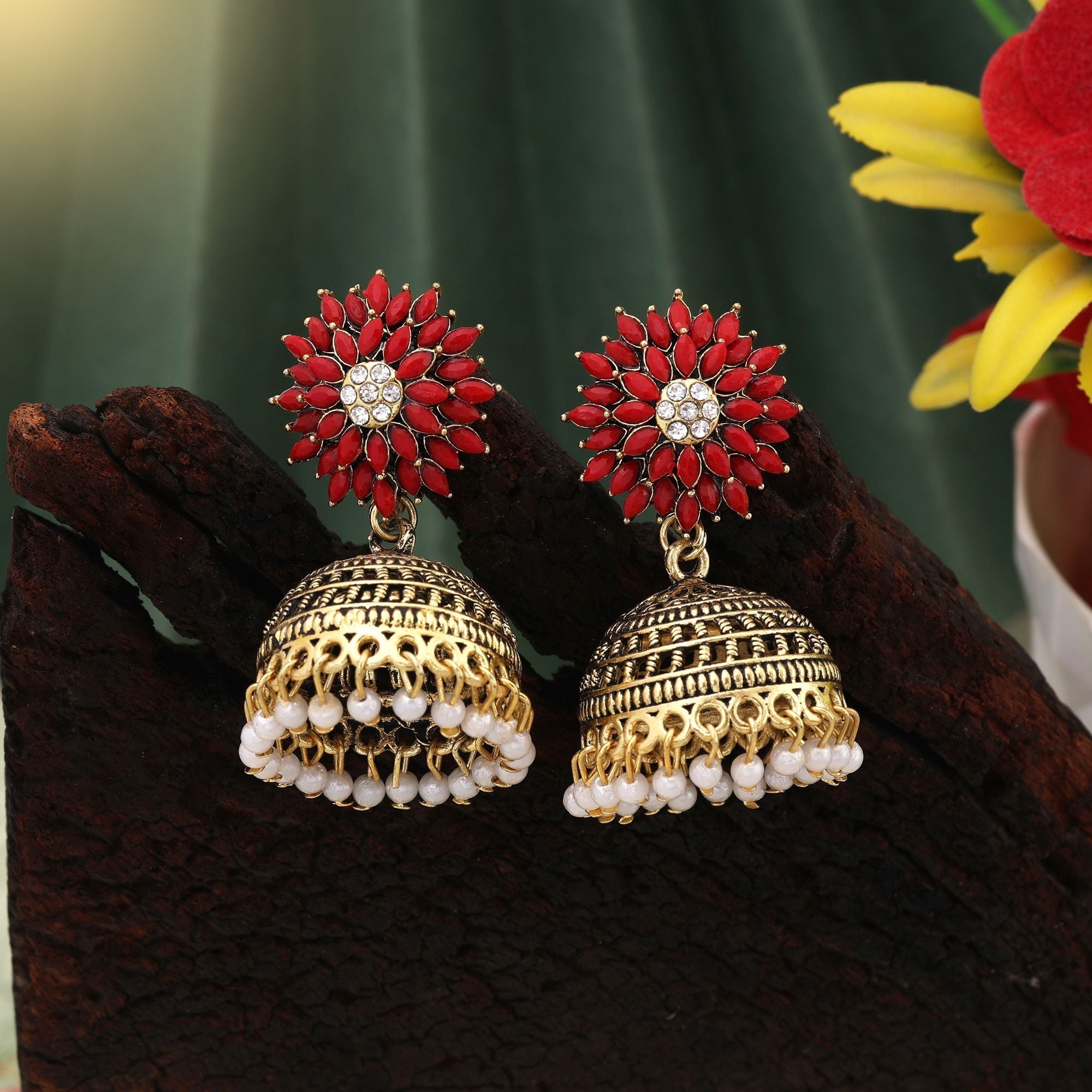 Elegant Red Color Oxidised Earrings Perfect For Festivals, Weddings, And Daily Styling