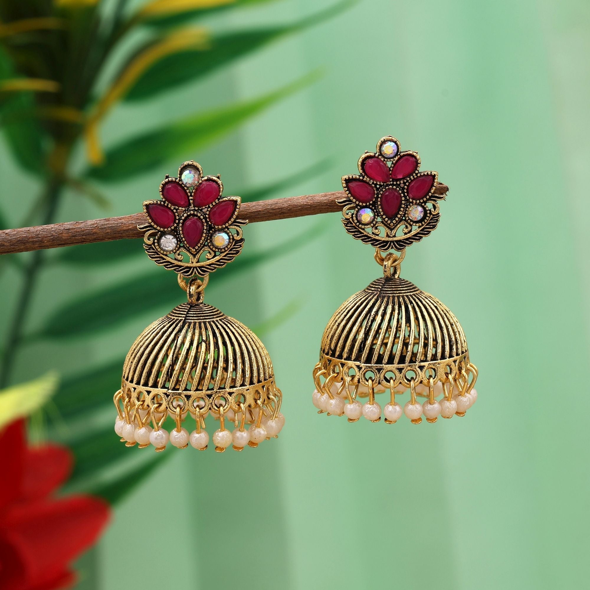 Stylish Red Color Oxidised Earrings Crafted For Brides, Festivals, And Traditional Cultural Jewelry