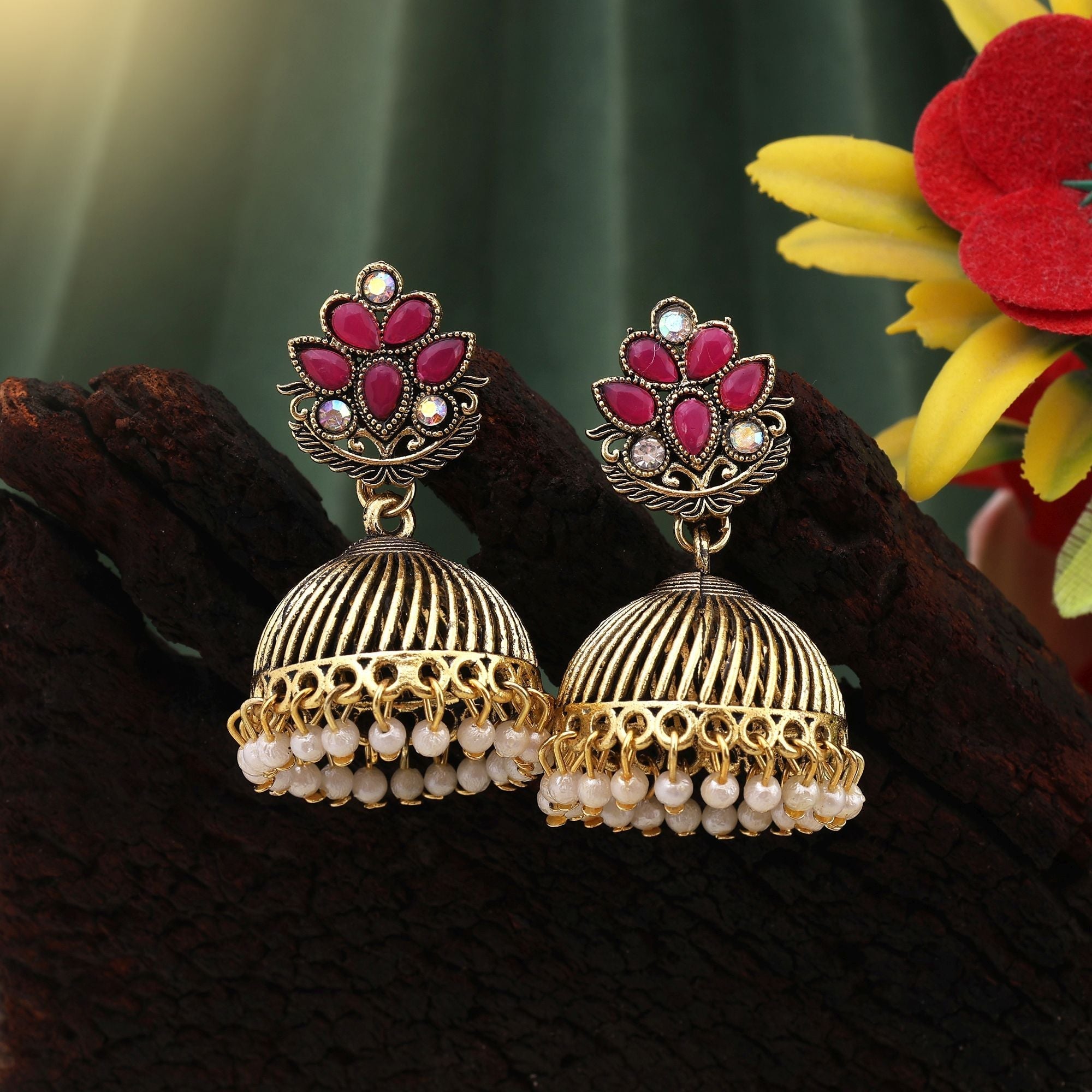Stylish Red Color Oxidised Earrings Crafted For Brides, Festivals, And Traditional Cultural Jewelry