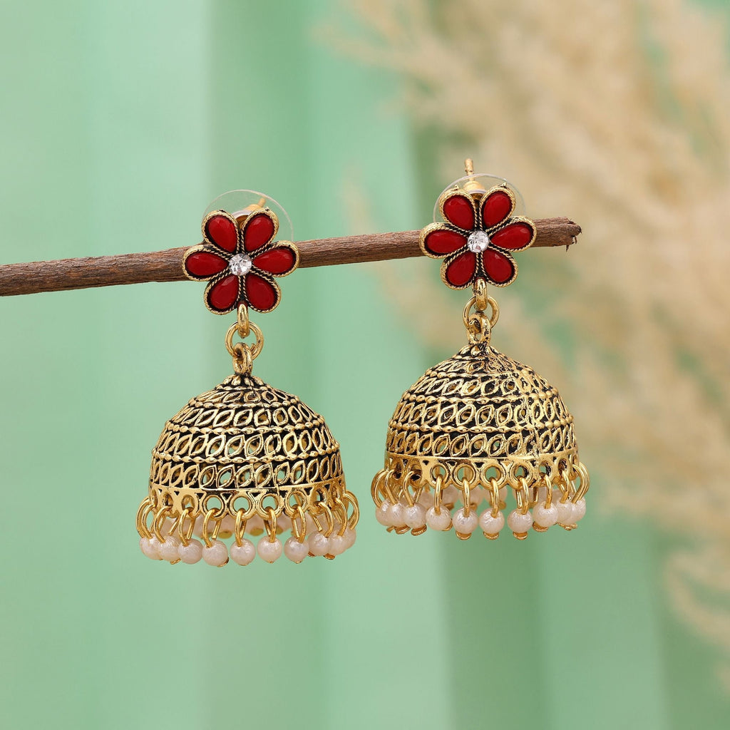 Stylish Red Color Oxidised Earrings Perfect For Brides, Ethnic Outfits, And Wedding Party Jewelry