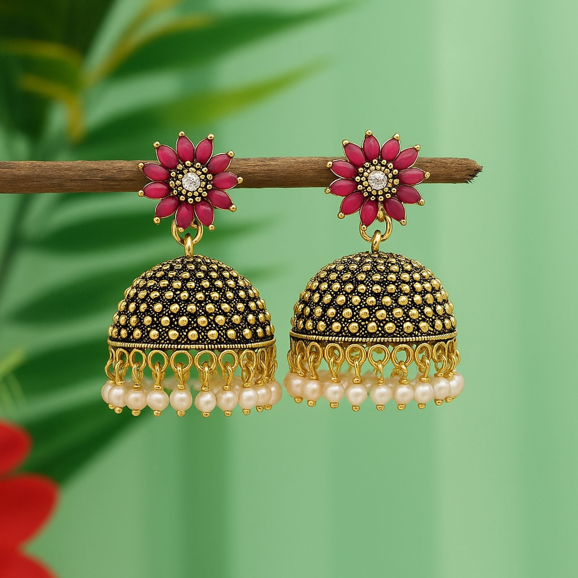Beautiful Rani Color Oxidised Earrings Designed For Bridal Fashion Jewelry And Cultural Functions