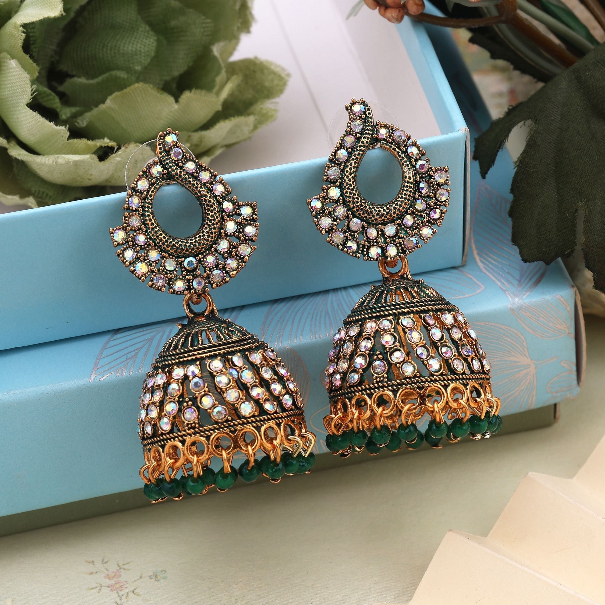 Stylish Green Color Mint Meena Oxidised Earrings Crafted With Handmade Work For Weddings And Party Looks