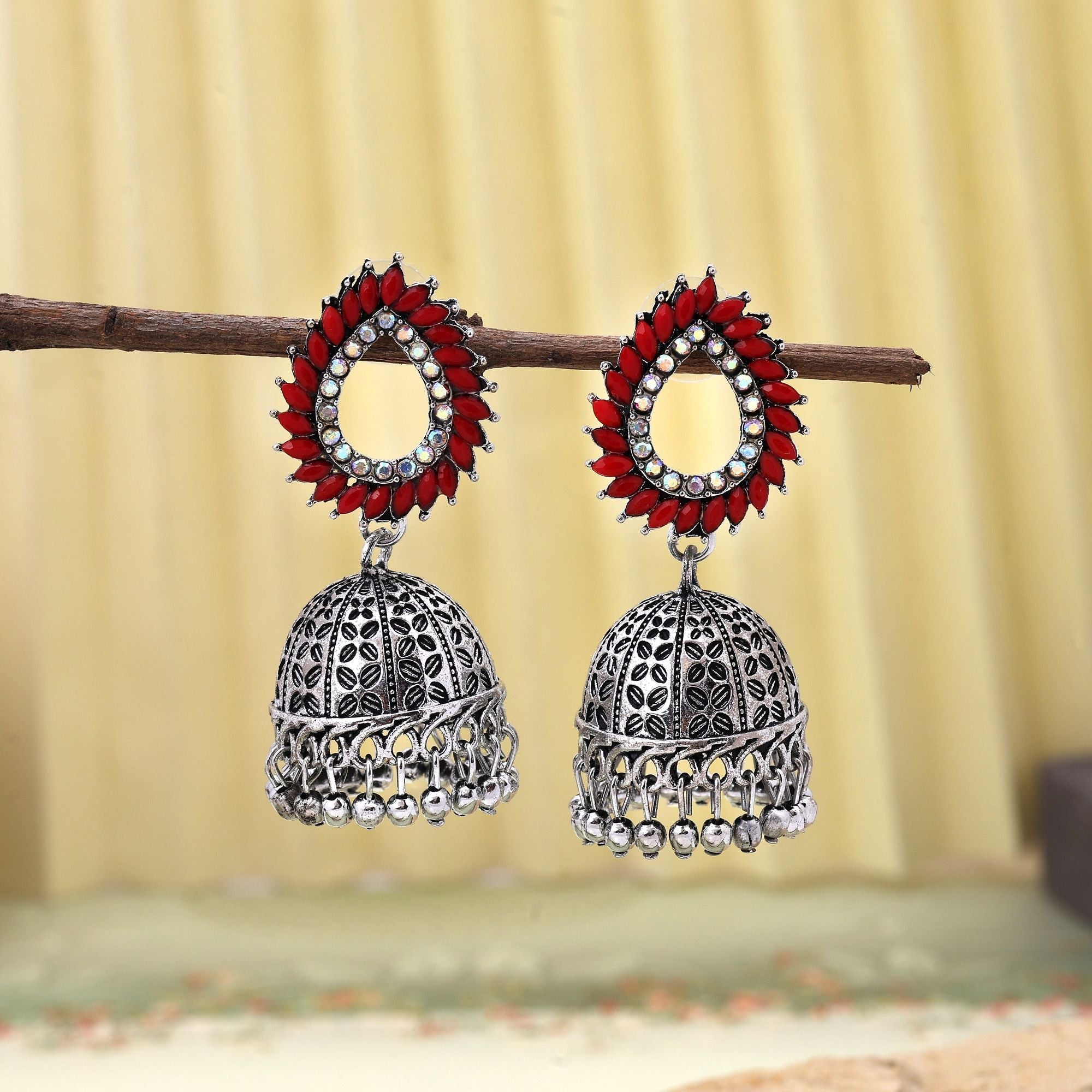 Gorgeous Red Color Oxidised Earrings Crafted With Artistic Work For Bridal Styling And Festivals Jewelry