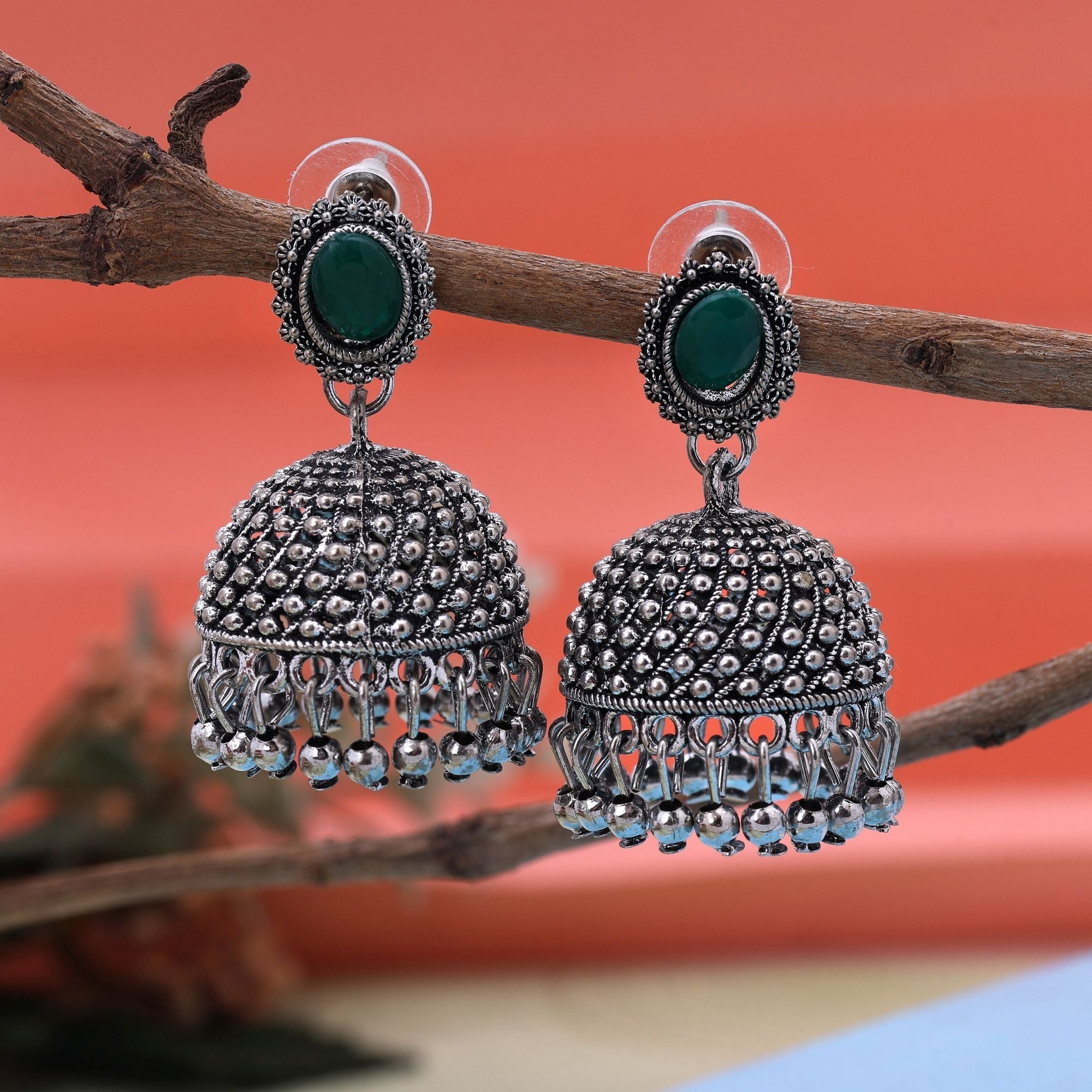Elegant Green Color Oxidised Earrings Crafted With Handmade Work For Brides, Parties, And Festivals