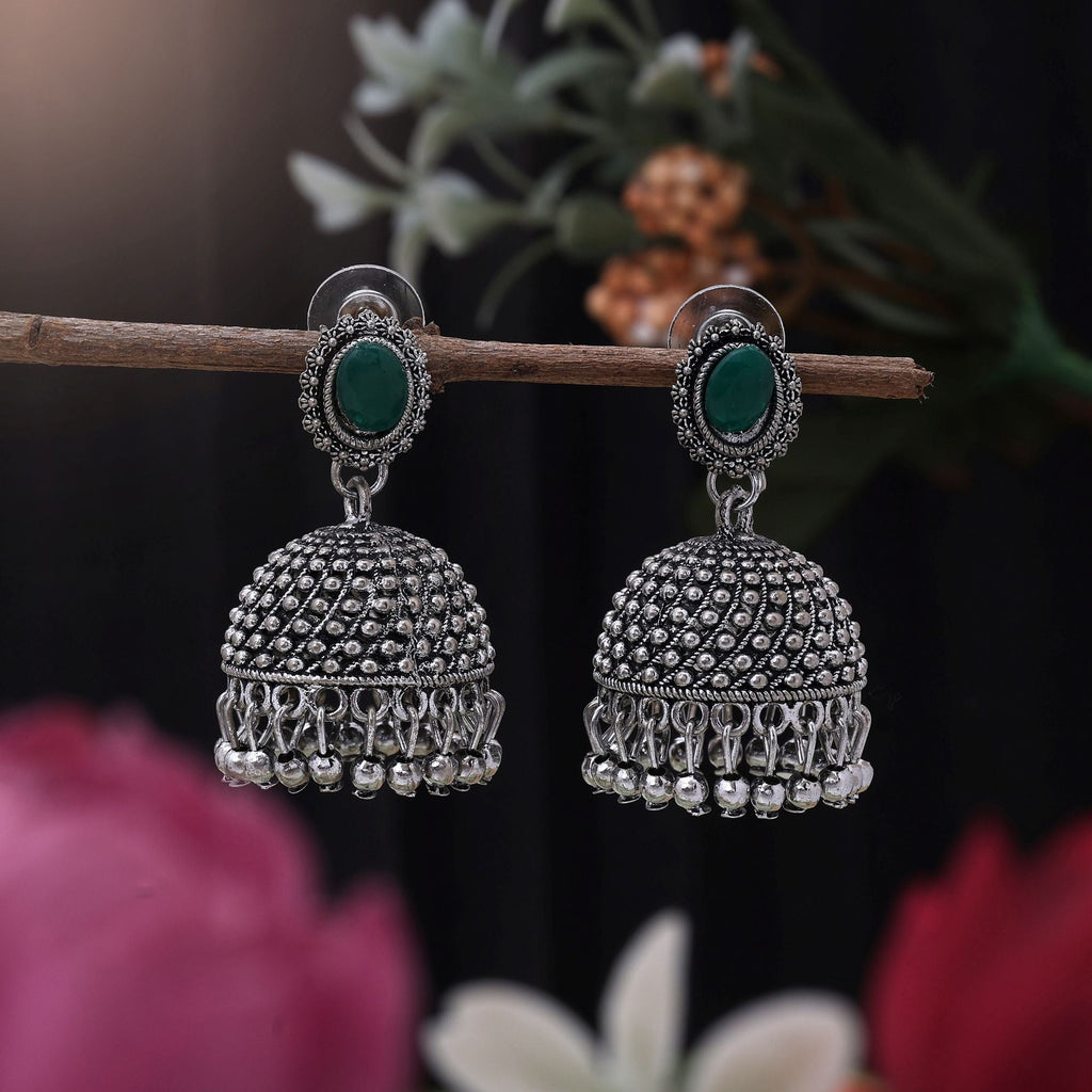 Elegant Green Color Oxidised Earrings Crafted With Handmade Work For Brides, Parties, And Festivals